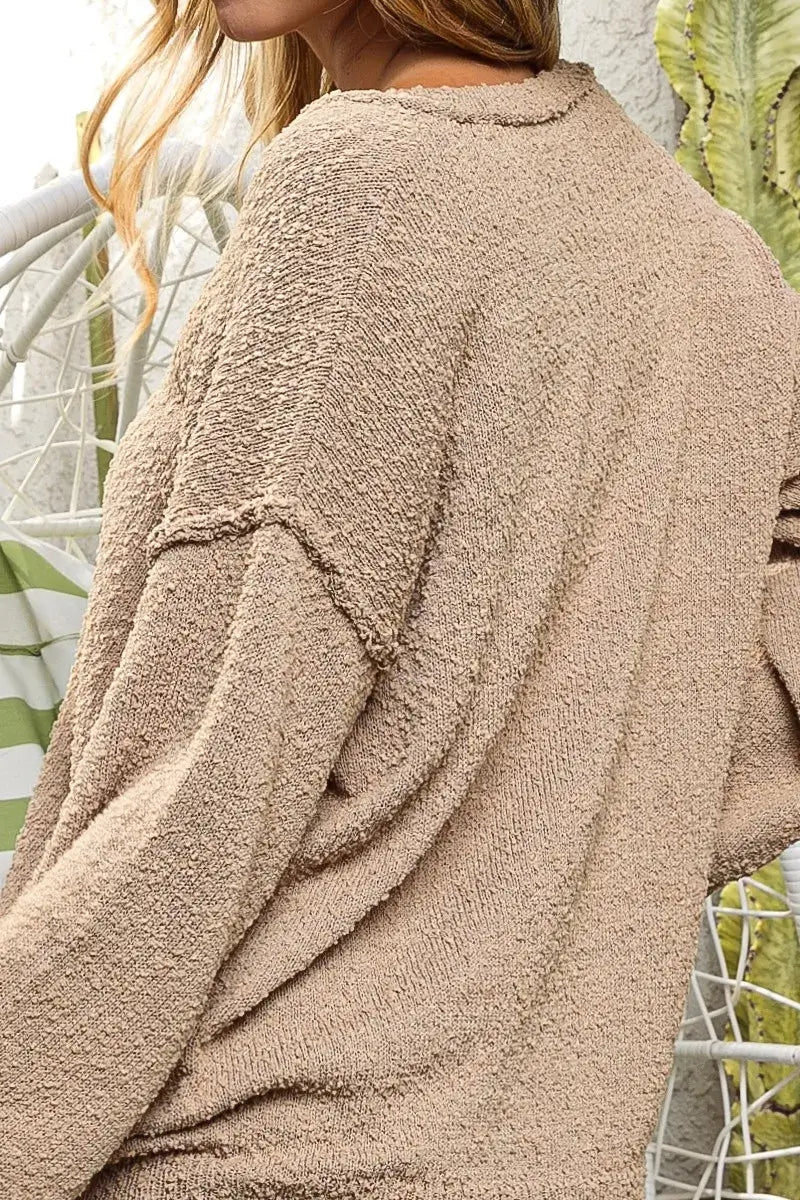 BiBi Raw Edged Popcorn Texture V Neck Knit Casual Sweater
