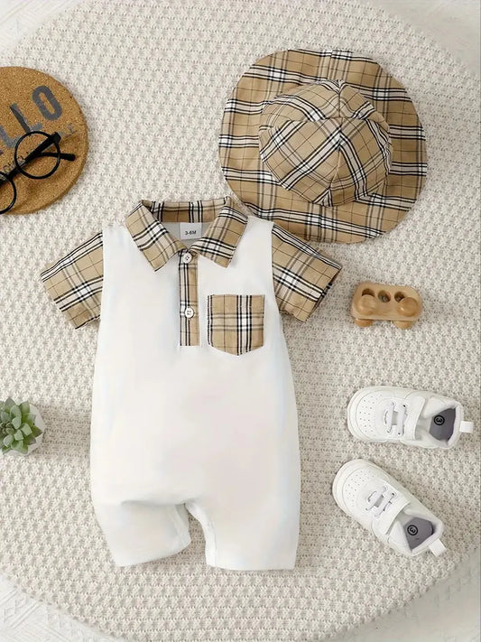 Children's Hat and Plaid Short Sleeve One-Piece Romper