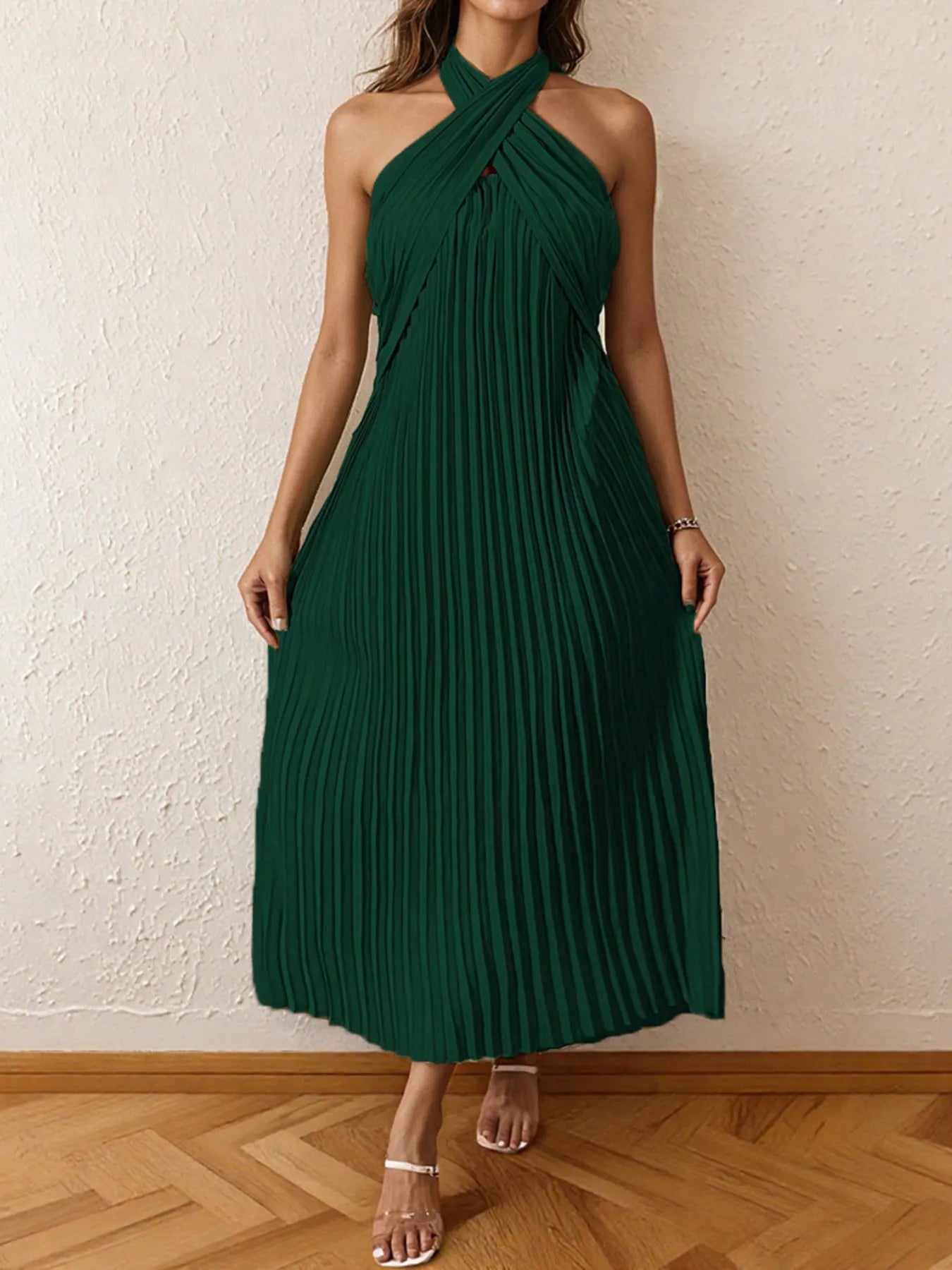 Pleated Halter Neck Midi Dress