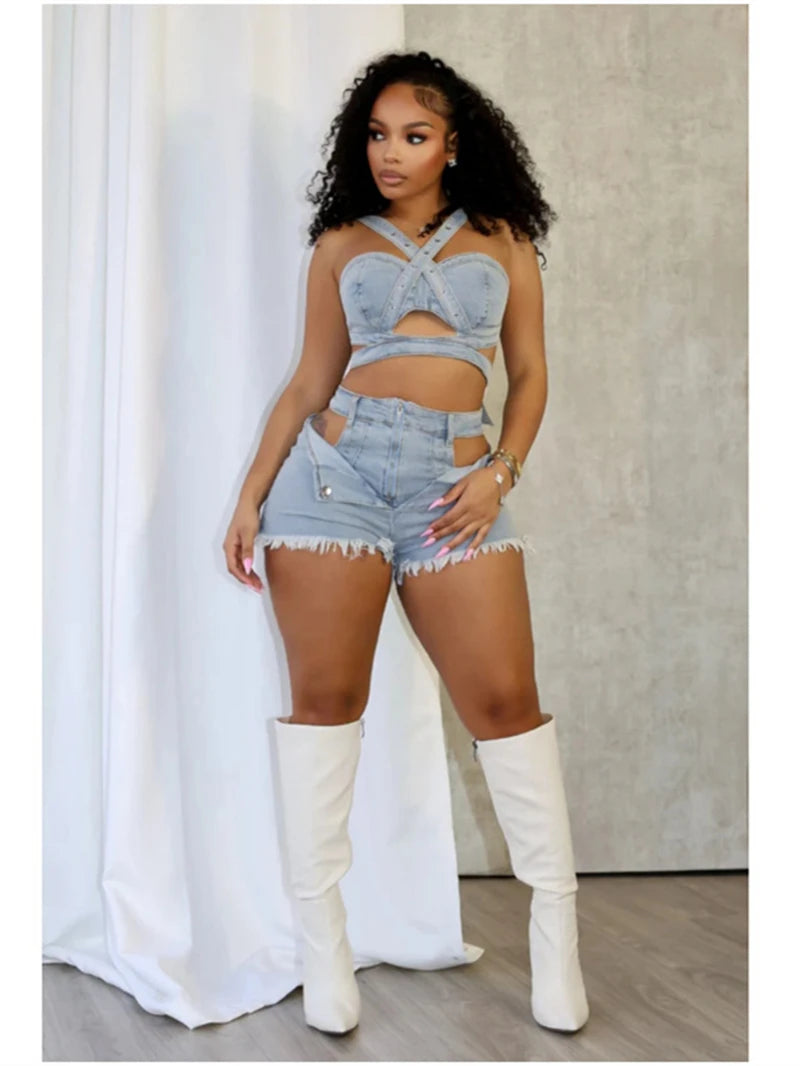 Sexy Jean 2 Piece Sets Women Outfit Summer Clothes Women 2024 Strapless Hollow Out Vest Top + Shorts Sets Street Denim Woman Set