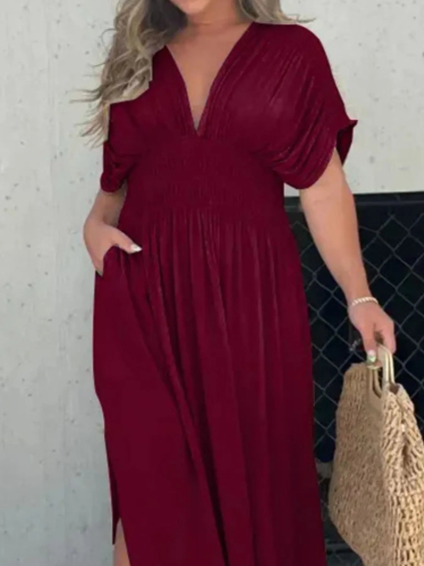 Deep V-Neck Maxi Dress with Side Slit Plus Size