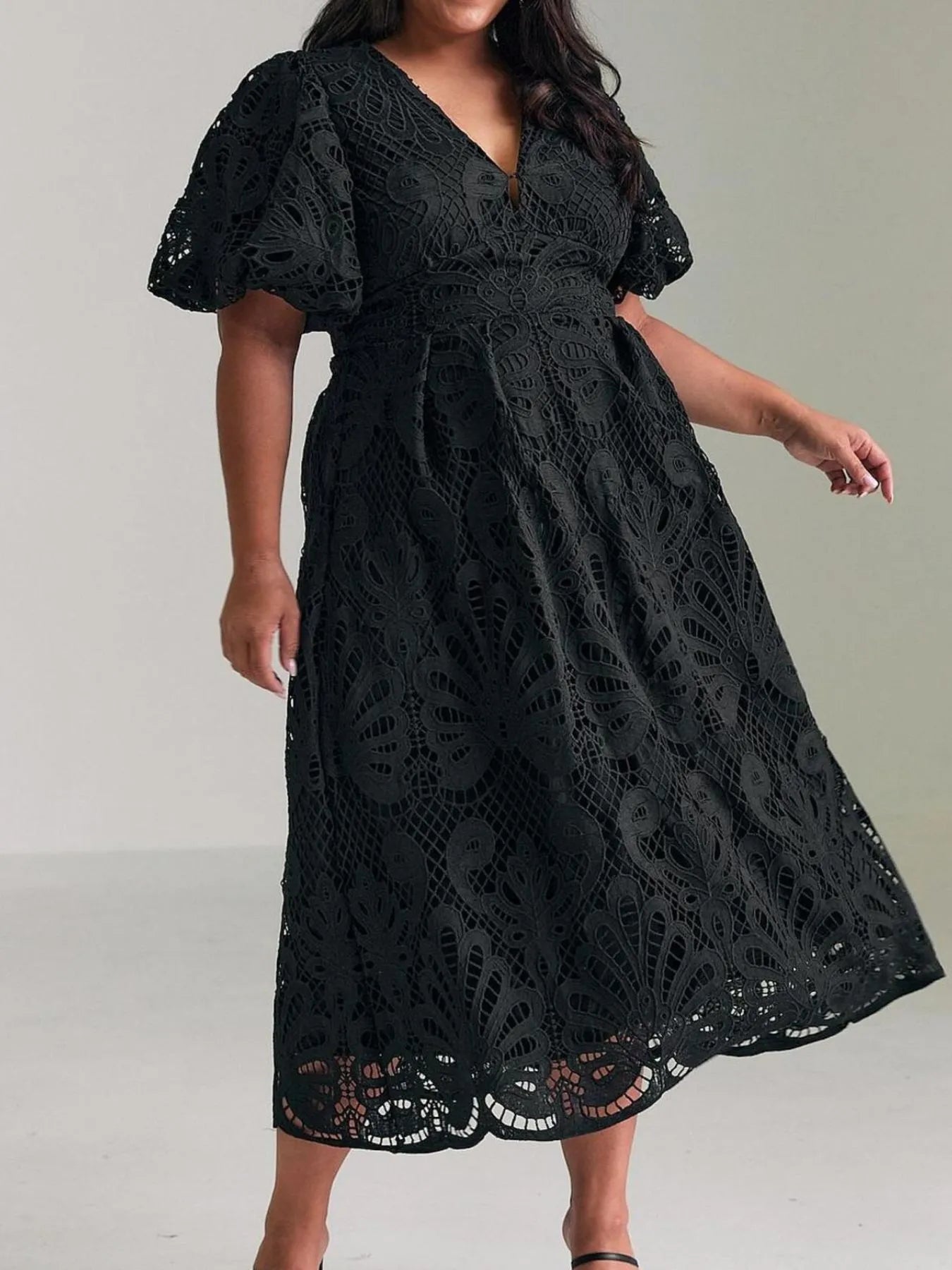 Lace V-Neck Midi Dress with Puff Sleeves