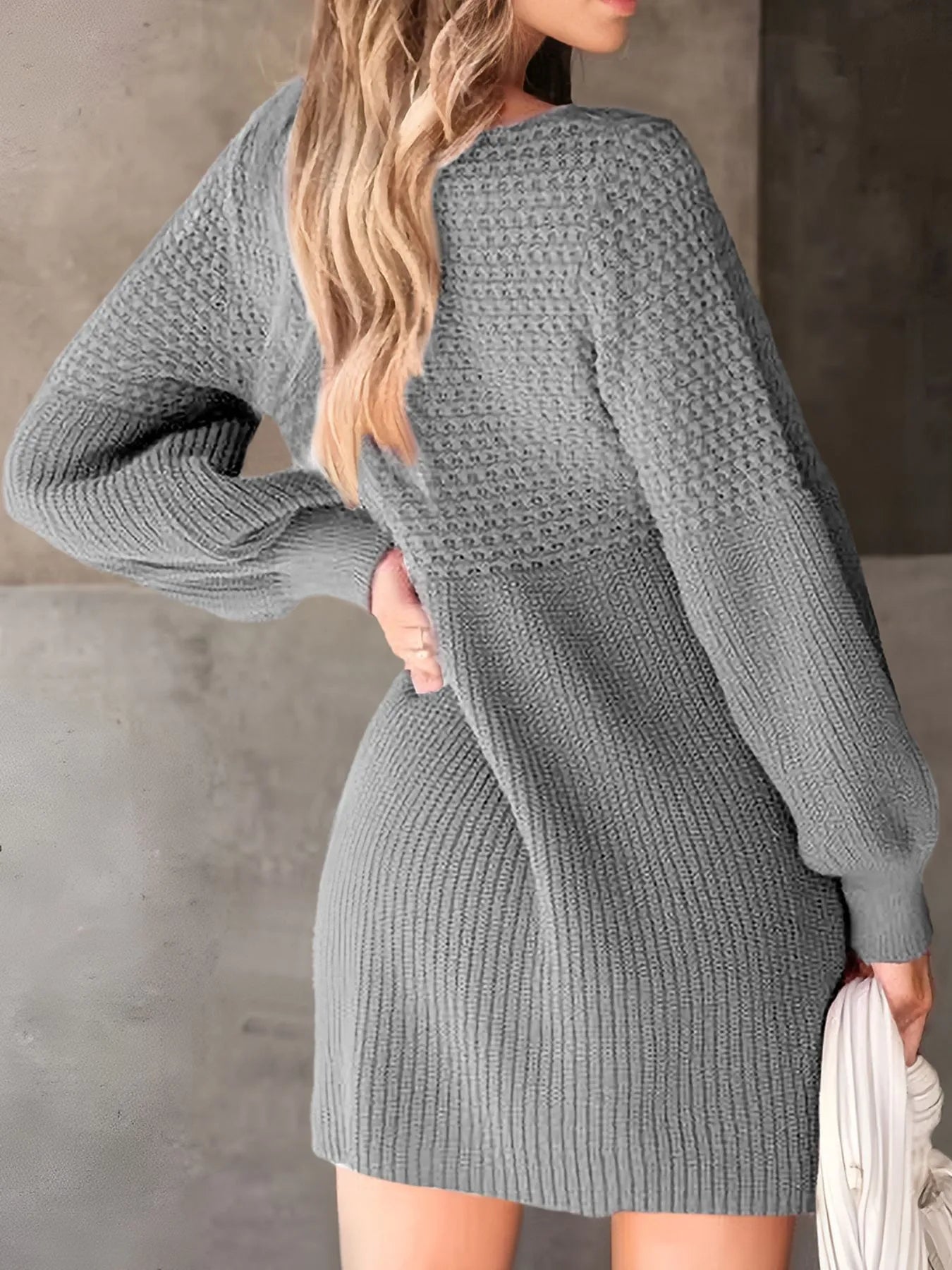 Texture V-Neck Lantern Sleeve Sweater Dress