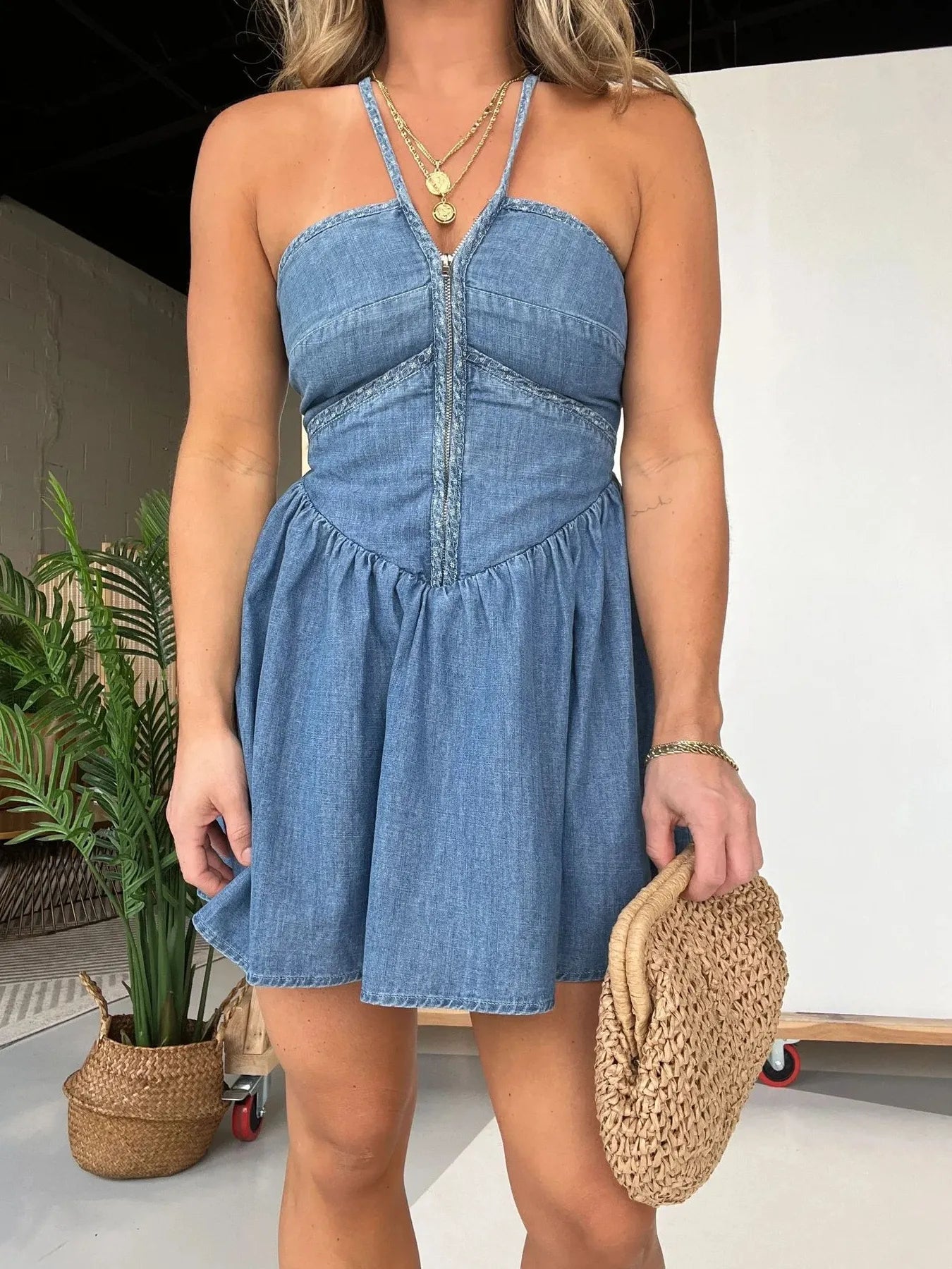 Lace Up Halter Neck Denim Dress Plus Size