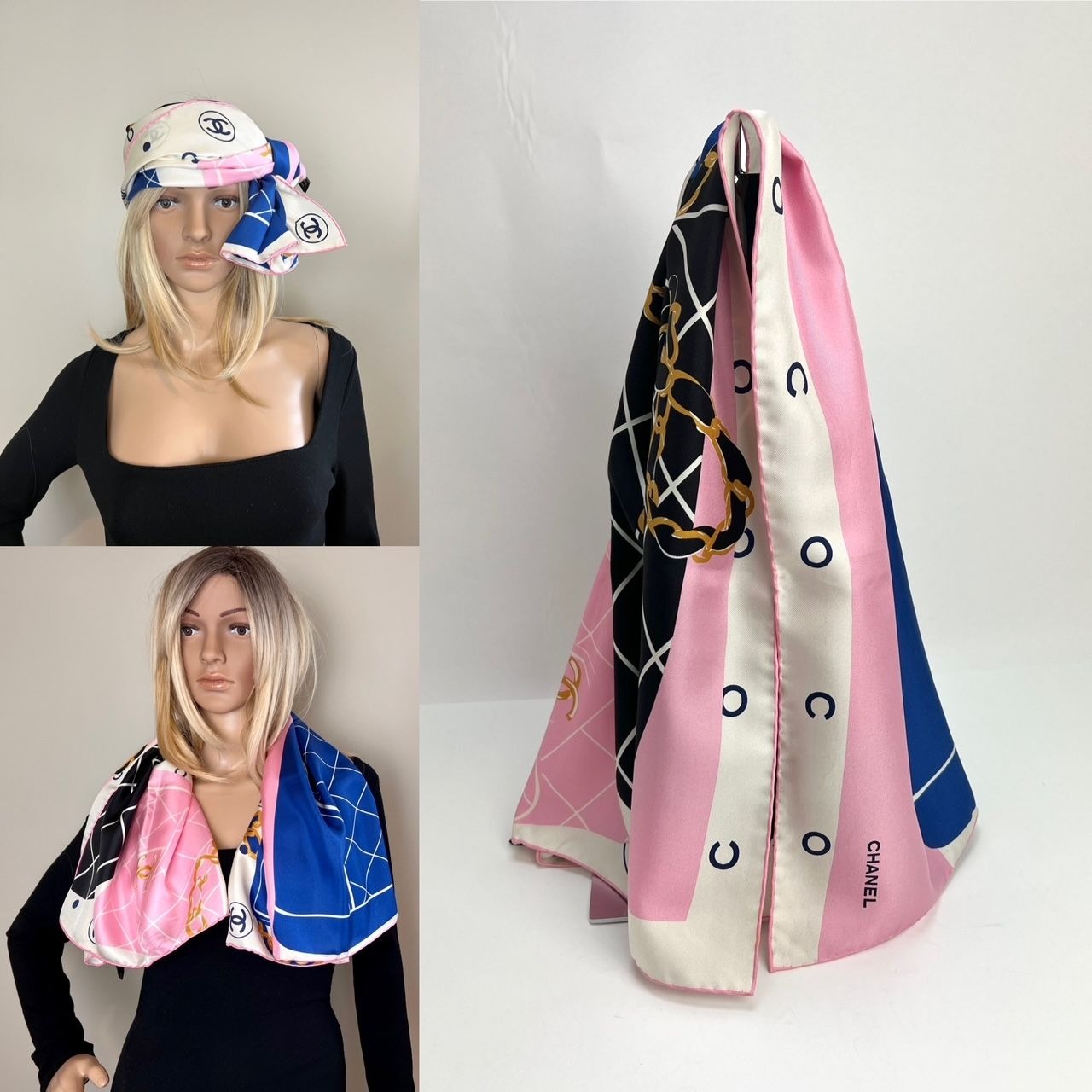 Chanel Silk Pink Black Blue Scarf