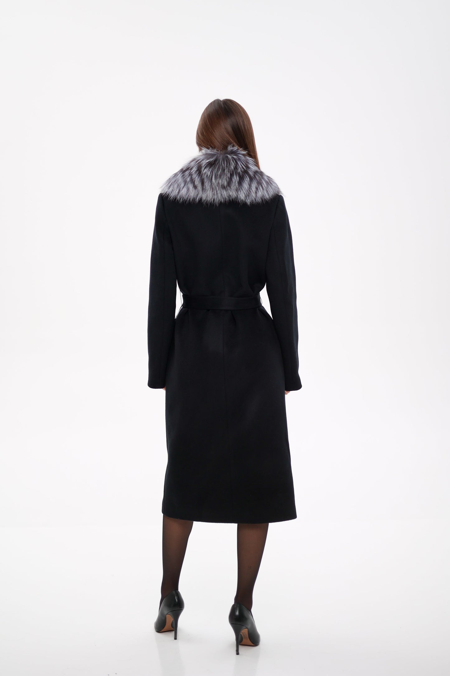 Manteau en laine vierge véritable de renard argenté noir