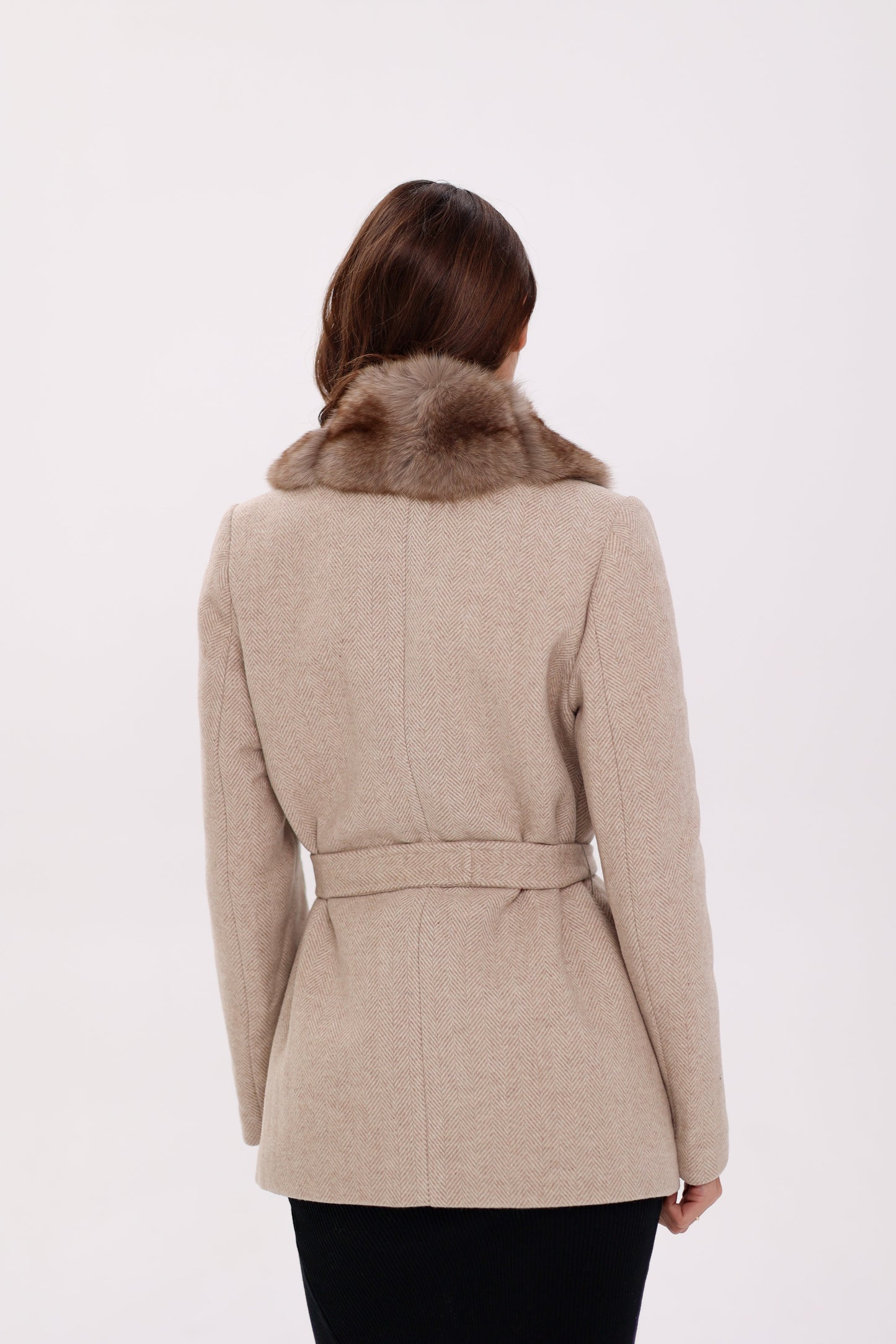 Manteau en laine vierge et fourrure de renard polaire véritable couleur nude