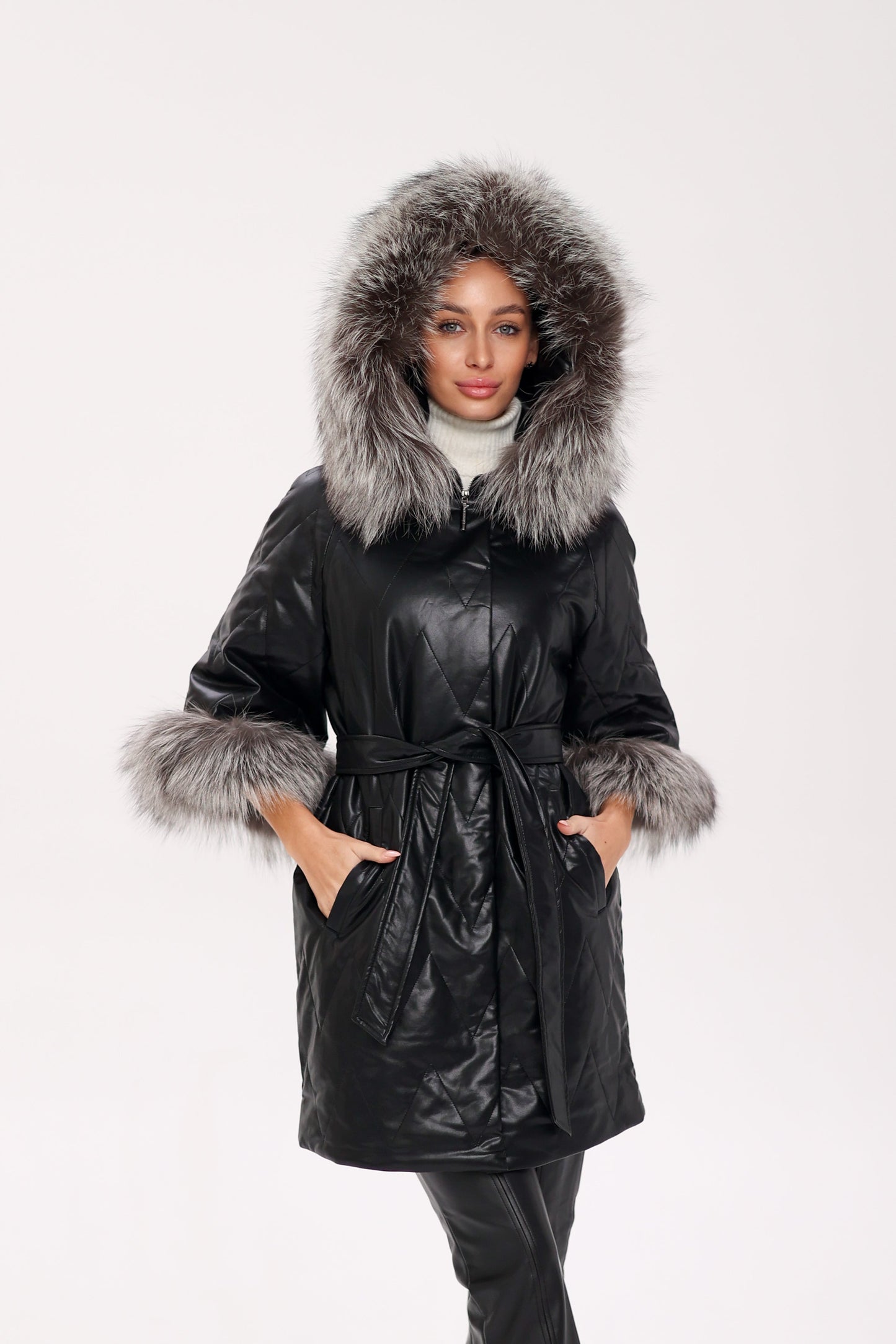 Genuine Silver Fox Eco-Leather Coat with Sleeve Extenders
