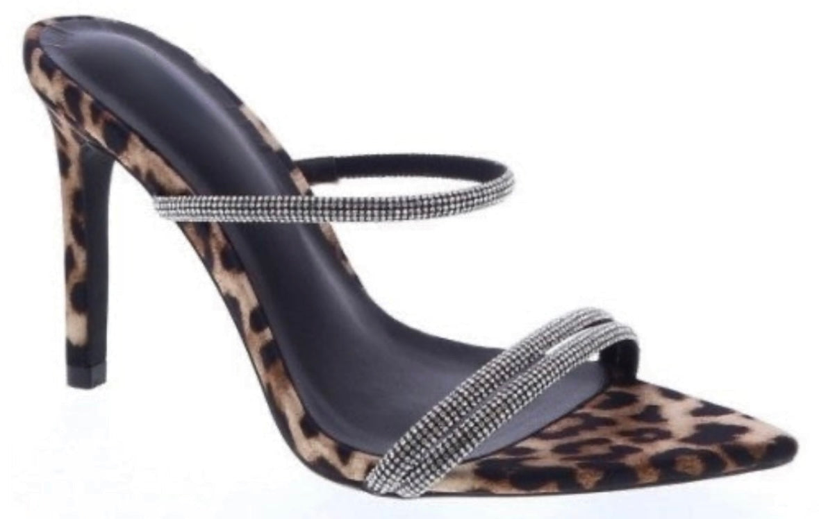 Leopardesse Leopard Print  Pointy Toe Stiletto Rhinestone Slides