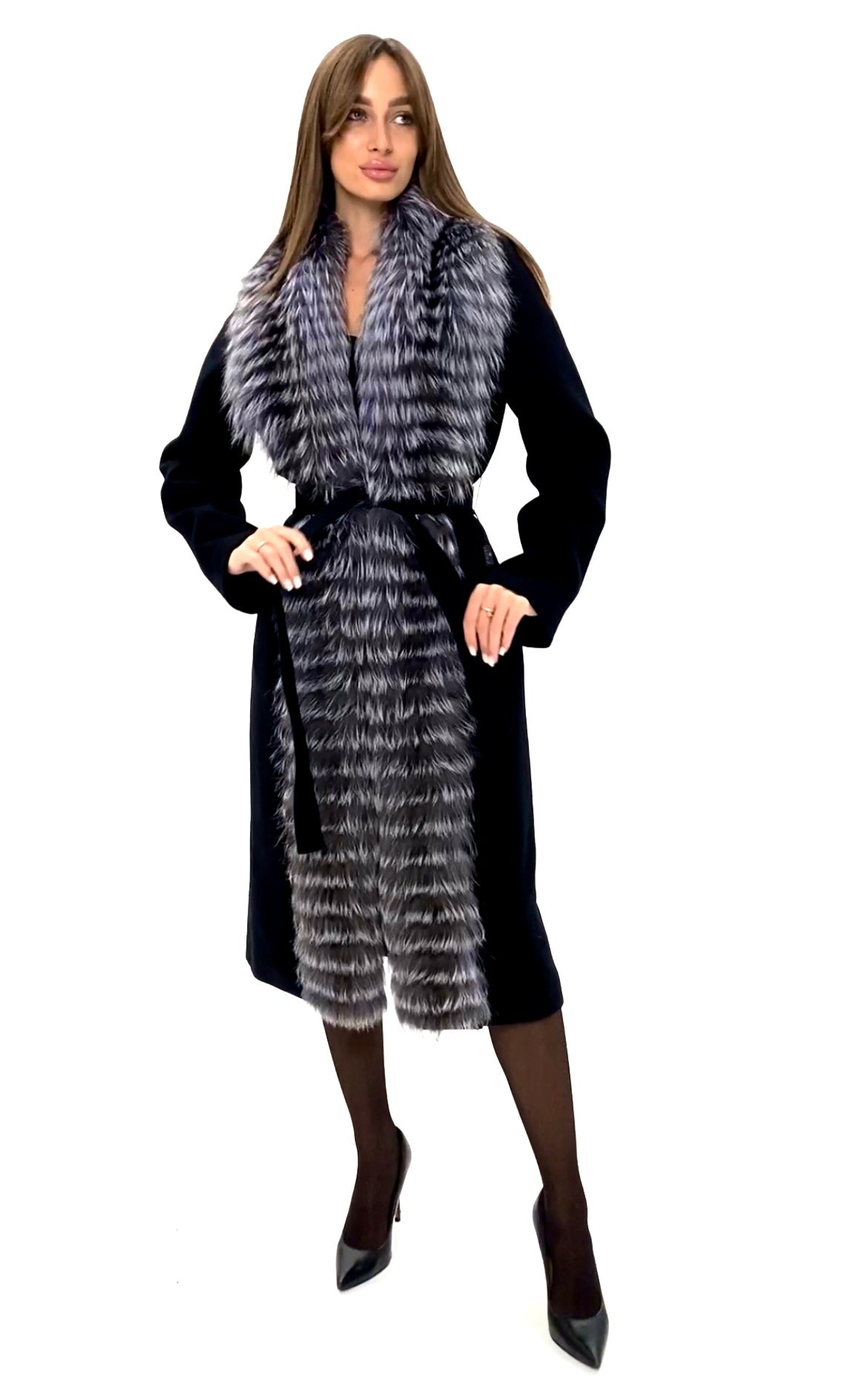 Manteau en laine vierge véritable de renard argenté noir