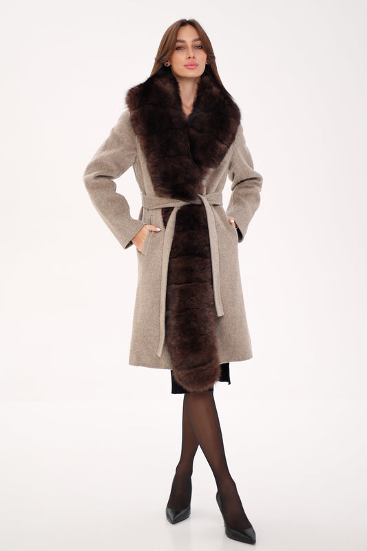 Manteau en laine vierge et fourrure de renard polaire véritable