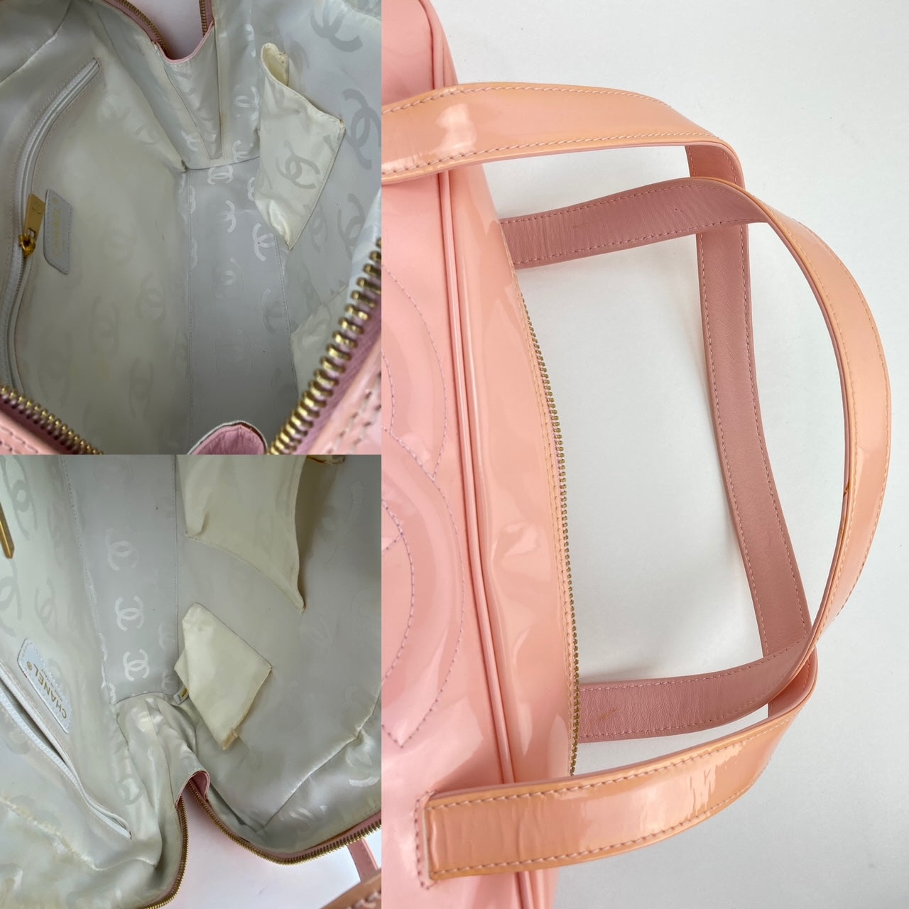 Chanel Triple CC Logo Medium Pink Patent Leather Tote Shoulder Bag Pre owned