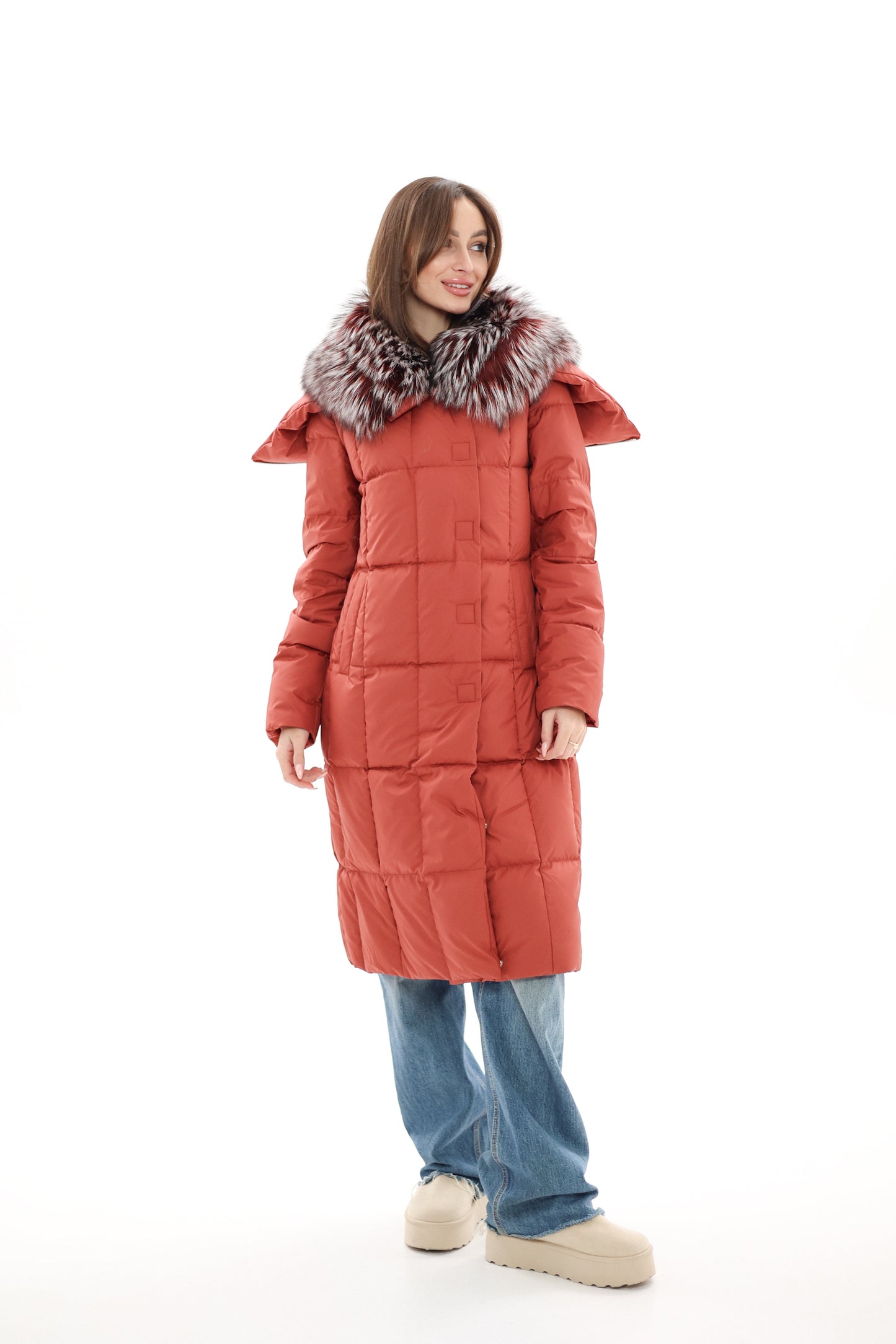 Genuine Silver Fox Fur Trim Down Coat