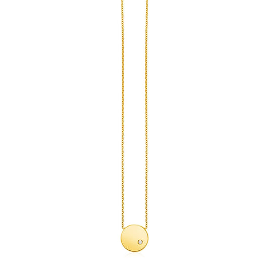 14k Yellow Gold Necklace with Polished Round Pendant with Diamond