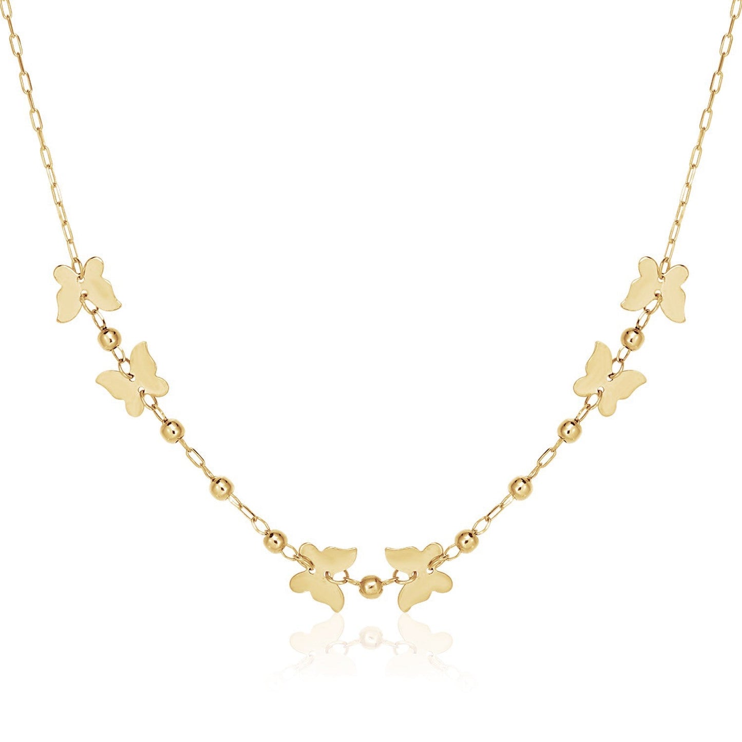 14k Yellow Gold 18 inch Necklace with Polished Butterflies and Beads