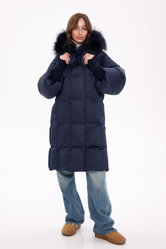 Genuine Fox Fur Trim Down Coat in Royal Blue