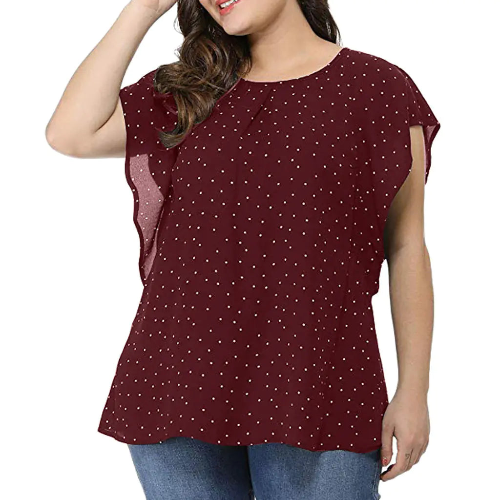 Plus Size Print Layered Sleeve Round Neck Blouse