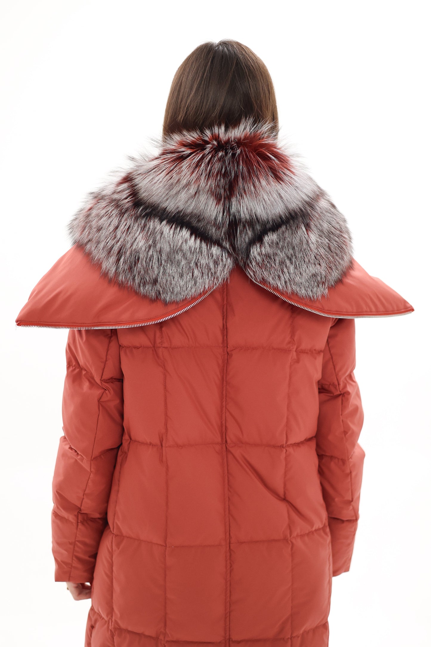Genuine Silver Fox Fur Trim Down Coat