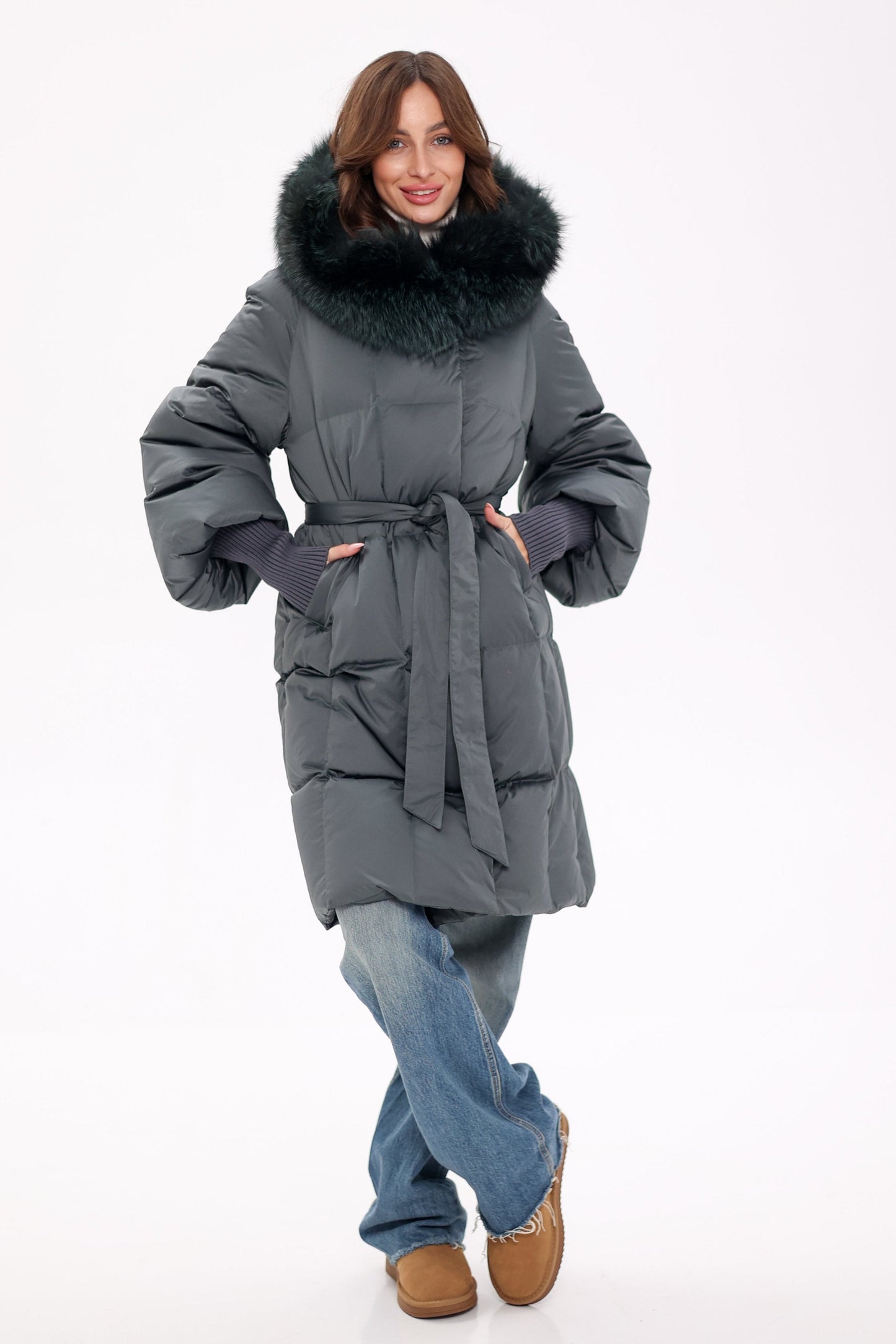 Genuine Silver Fox Fur Trim Down Coat in Forest Slate