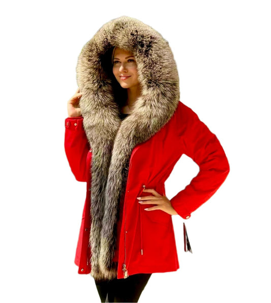 Parka isolée en fourrure de lapin et fourrure de renard argenté véritable