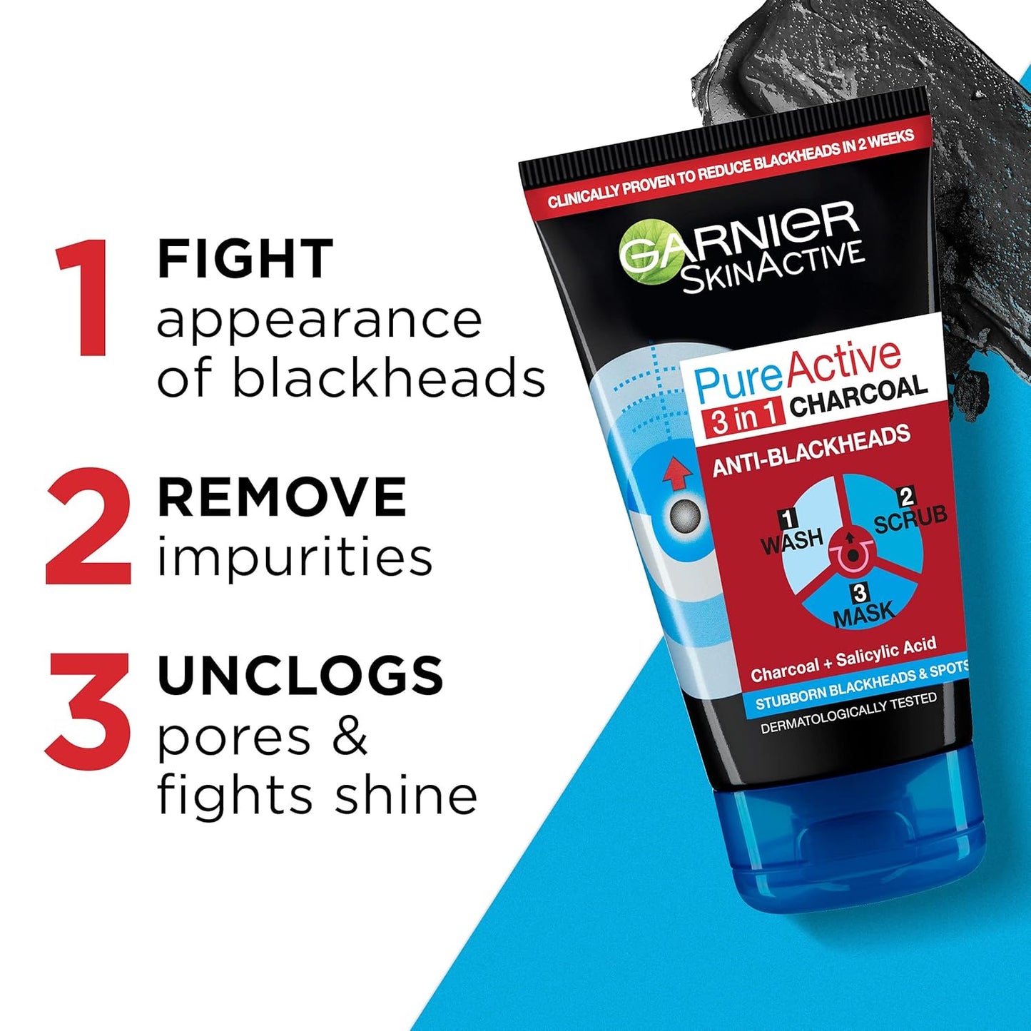 Garnier Pure Active Intensive 3in1 Charcoal Anti-Blackhead, Face Cleanser 150 ml 3 Pack