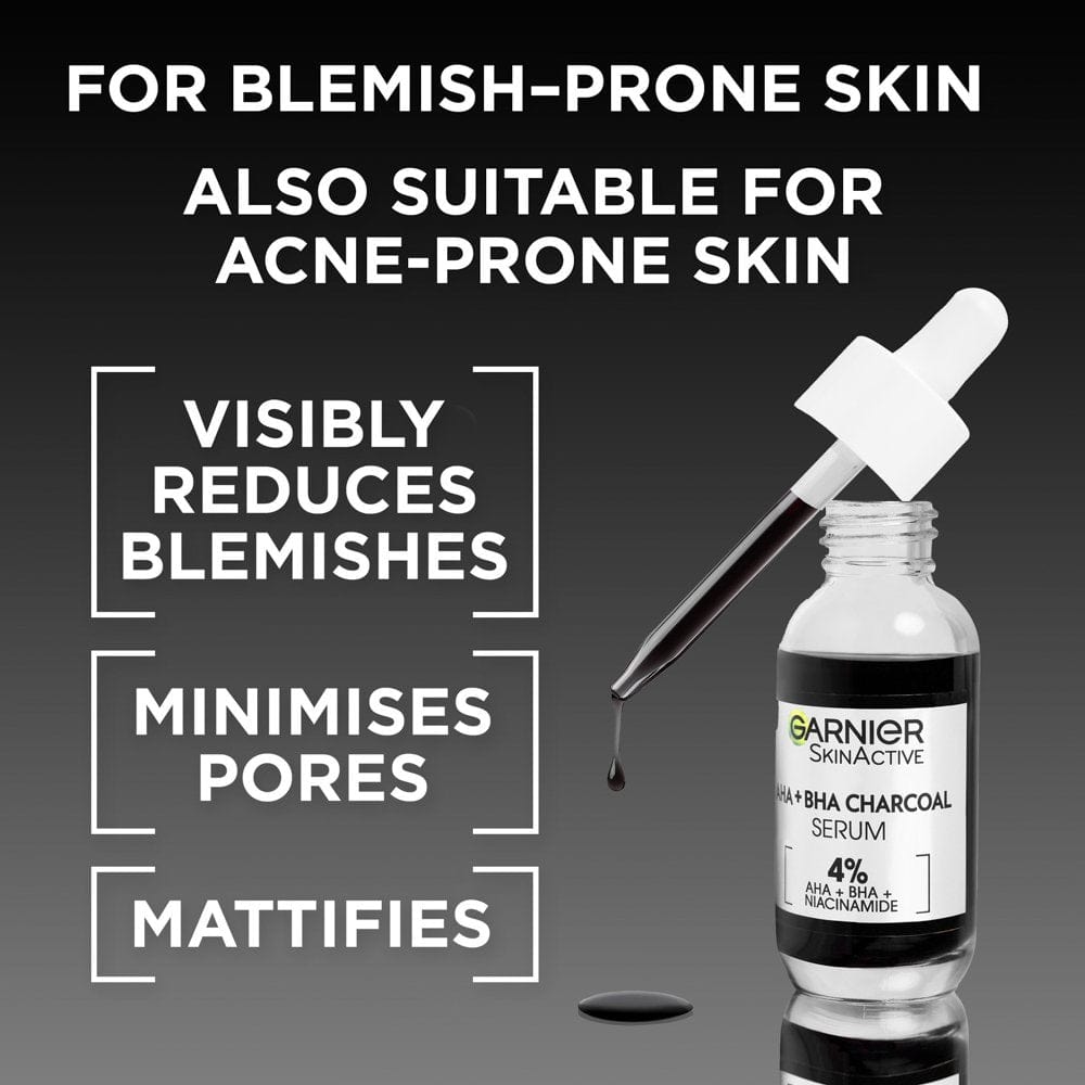 Garnier Skin Active 4% AHA + BHA & Niacinamide Charcoal Face Serum 30 ml 2 Pack