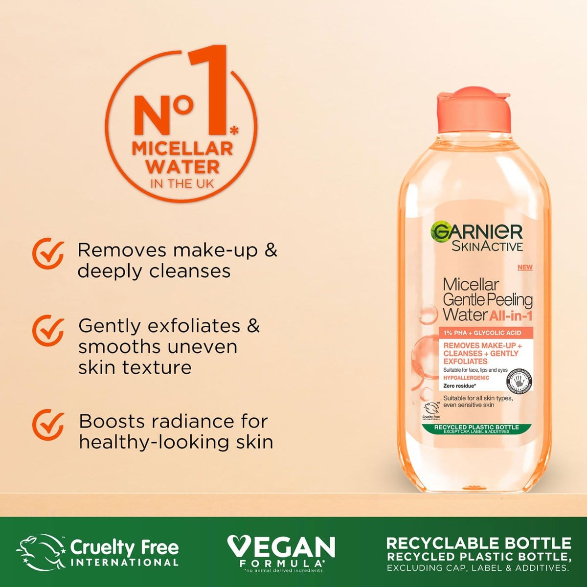 Garnier Skin Active Micellar Gentle Peeling Water Cleanse, Exfoliate & Glow 400 ml / 13.5 fl oz 2 Pack