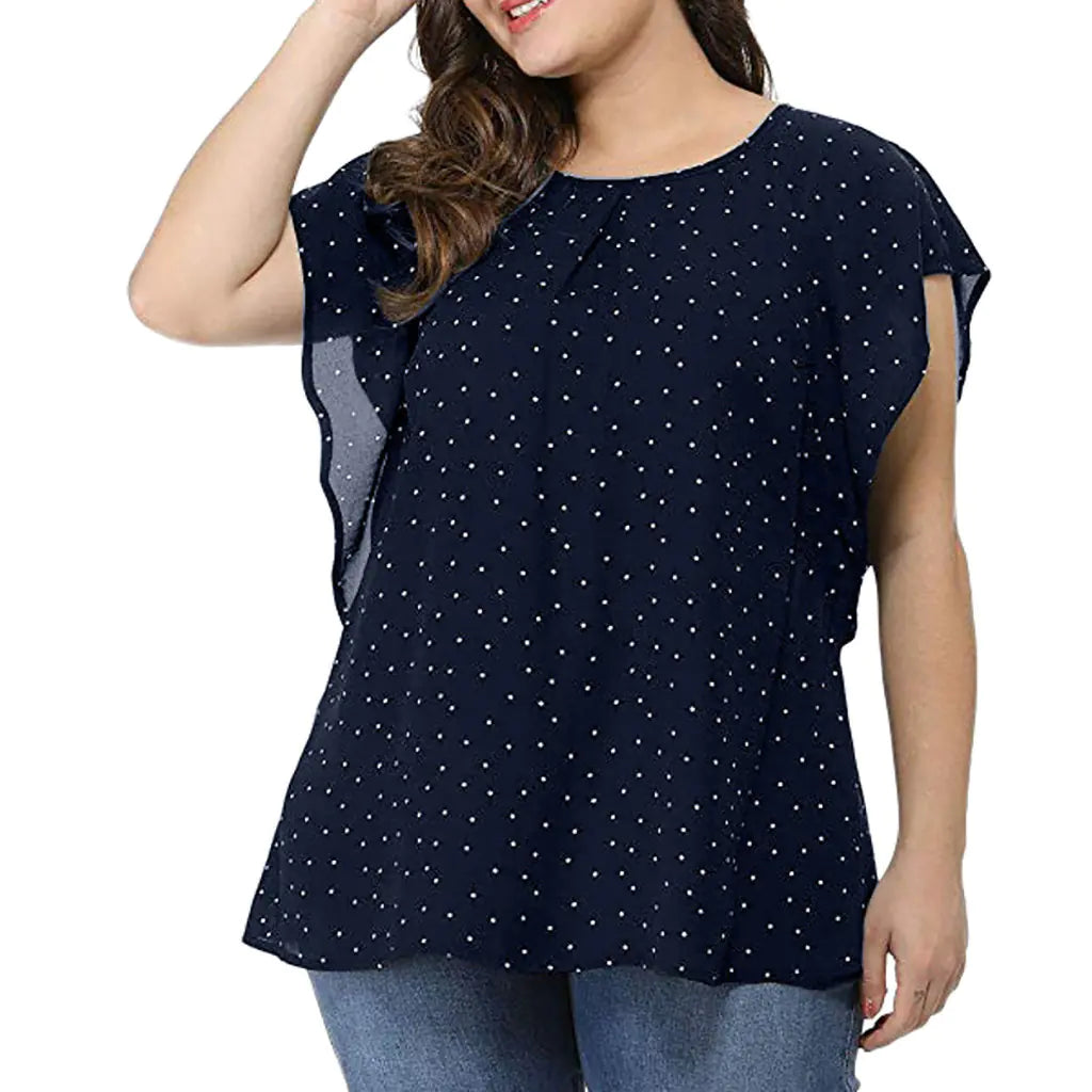 Plus Size Print Layered Sleeve Round Neck Blouse