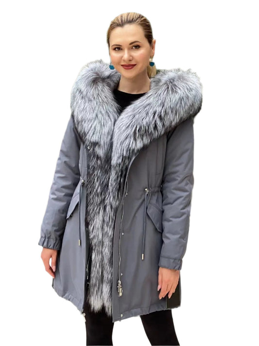 Parka isolée en fourrure de lapin avec bordure en fourrure de renard argenté
