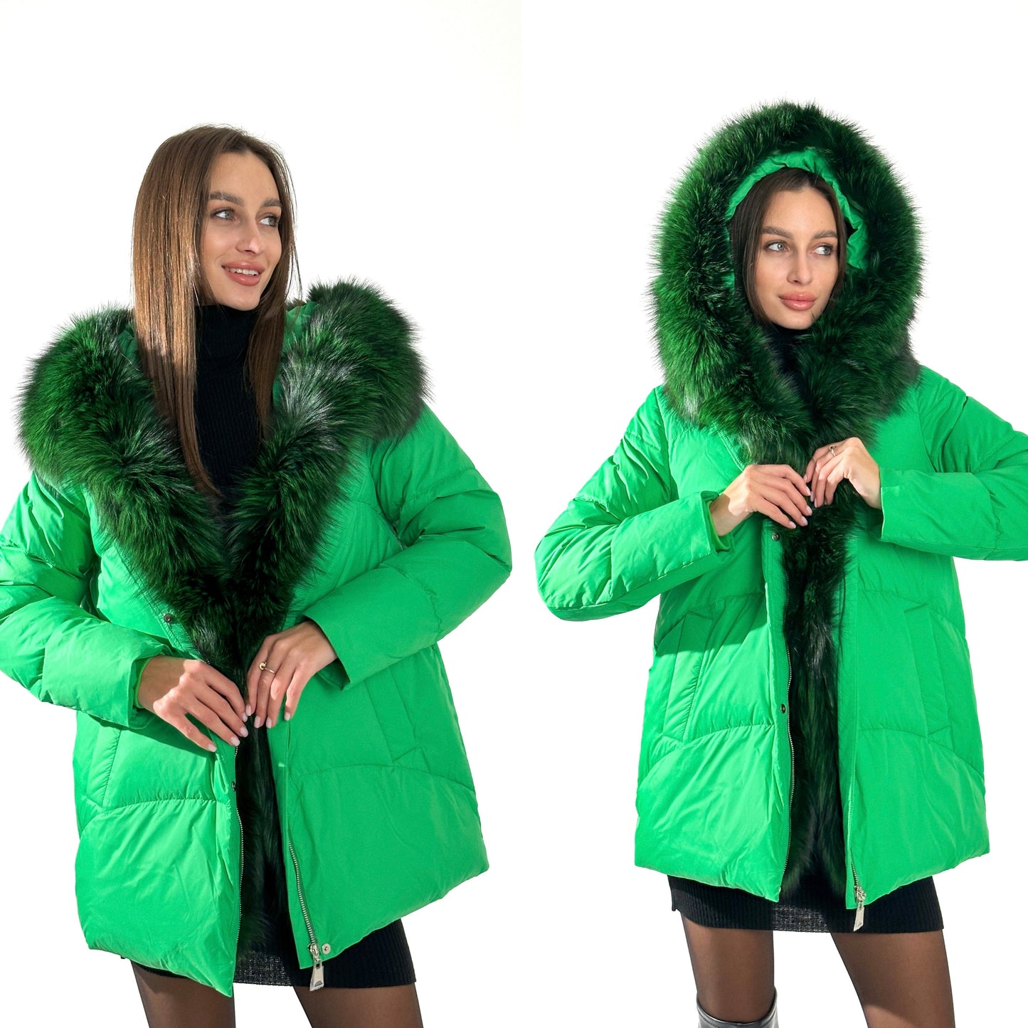 Parka en duvet et fourrure de renard argenté véritable