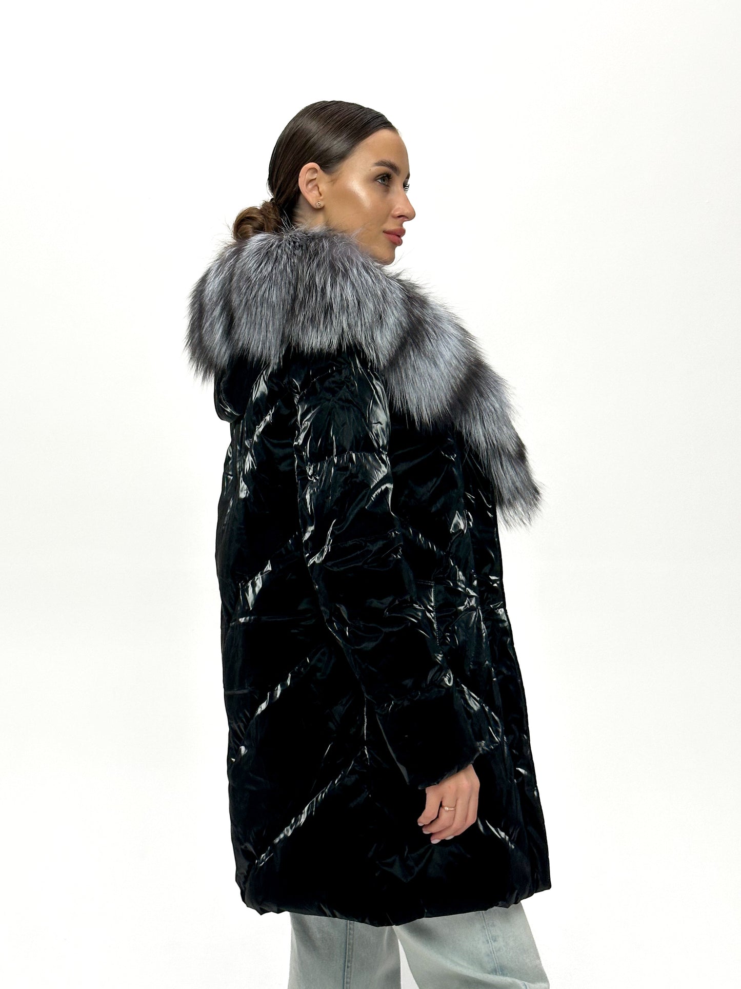 Manteau en duvet et fourrure de renard argenté véritable