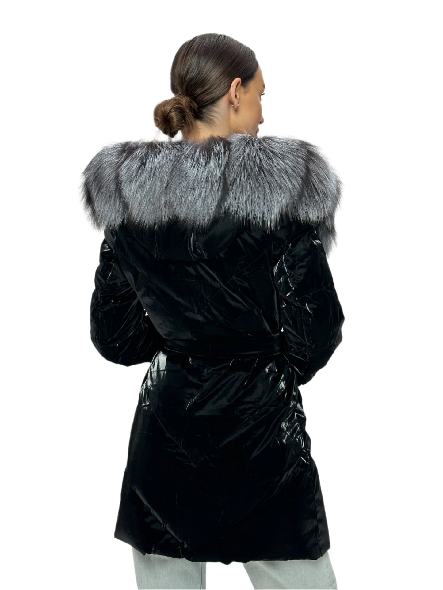 Manteau en duvet et fourrure de renard argenté véritable