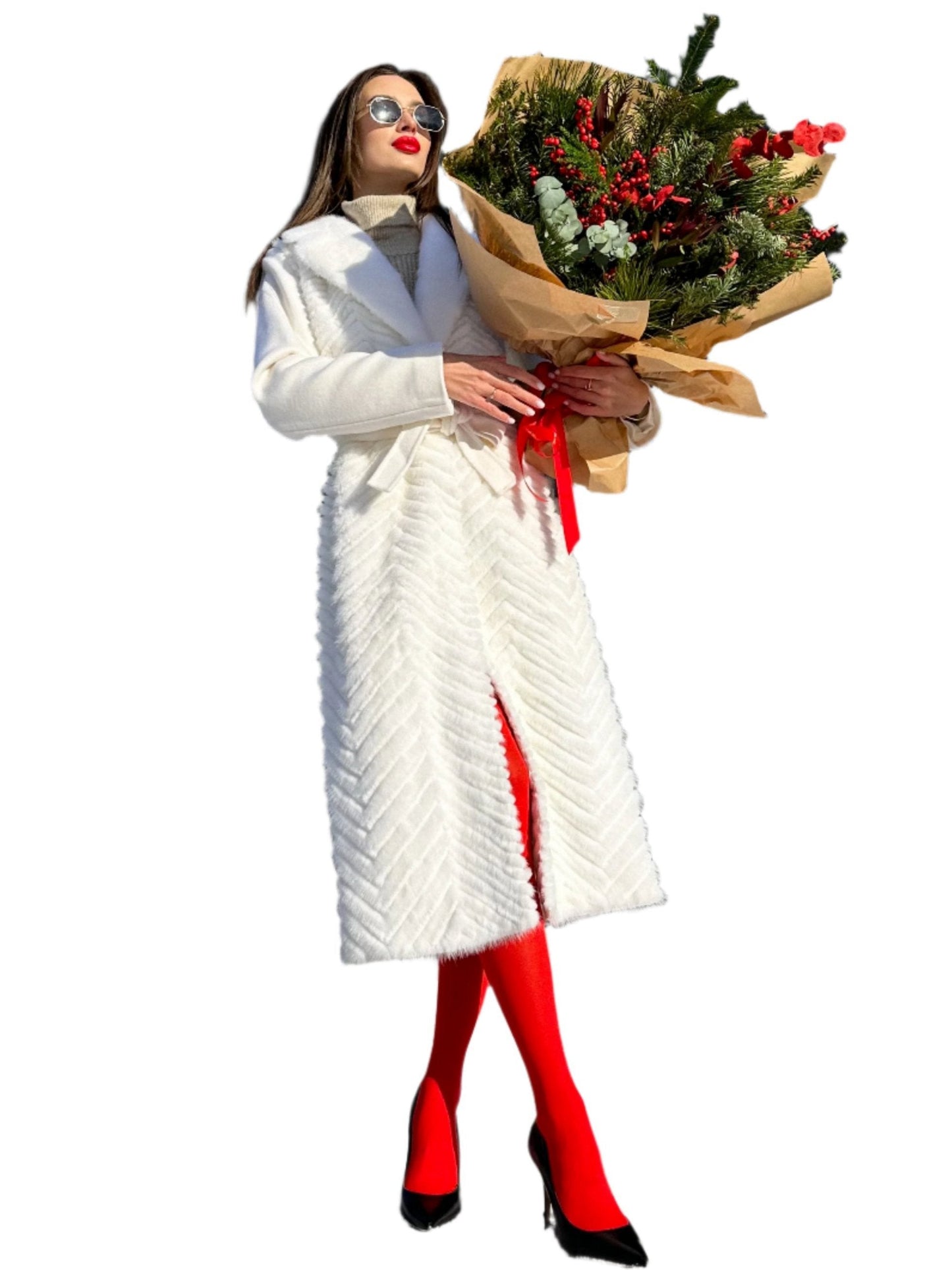 Manteau en laine vierge avec bordure en fourrure de vison véritable et fourrure de rex, blanc