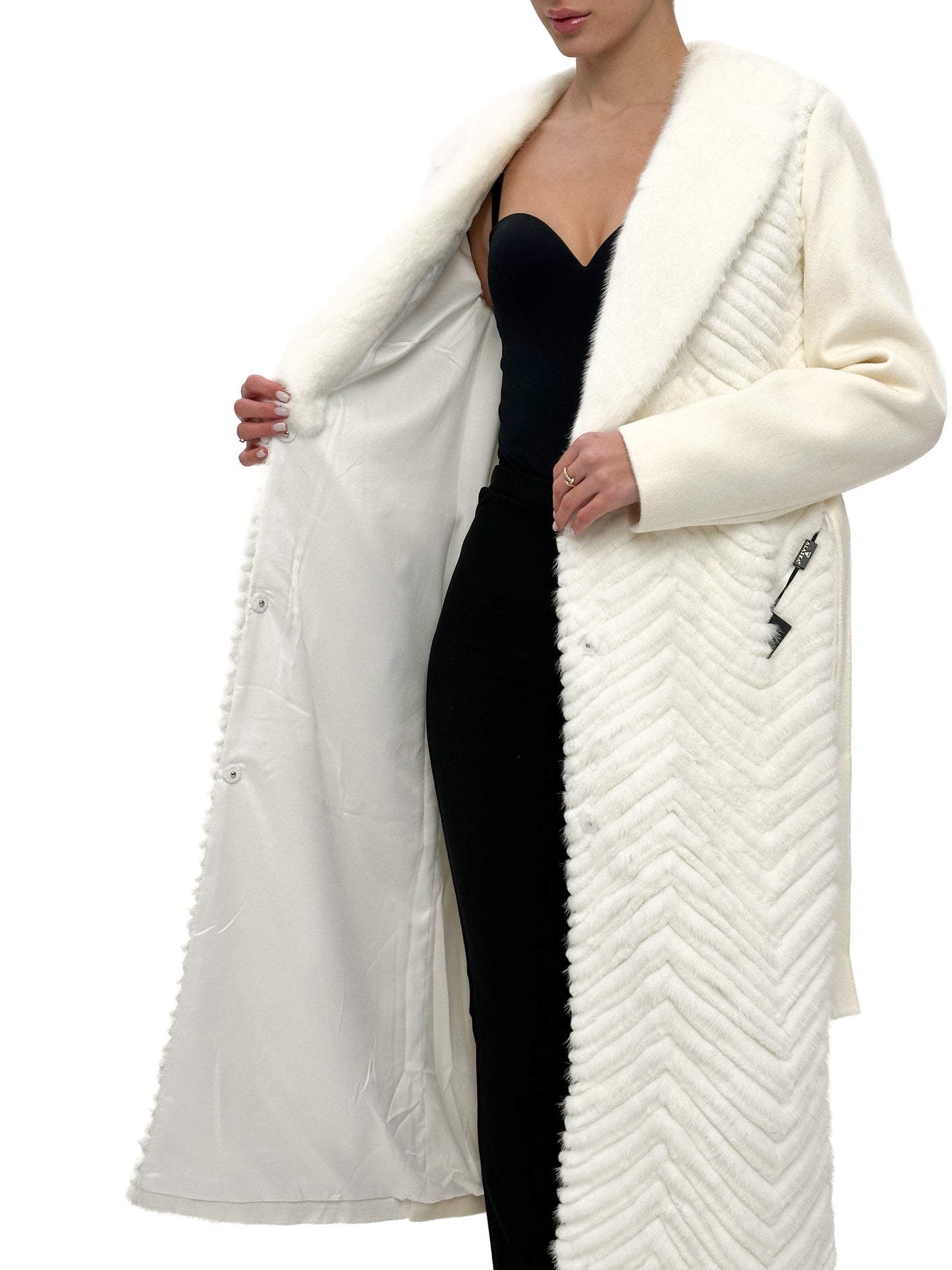 Manteau en laine vierge avec bordure en fourrure de vison véritable et fourrure de rex, blanc