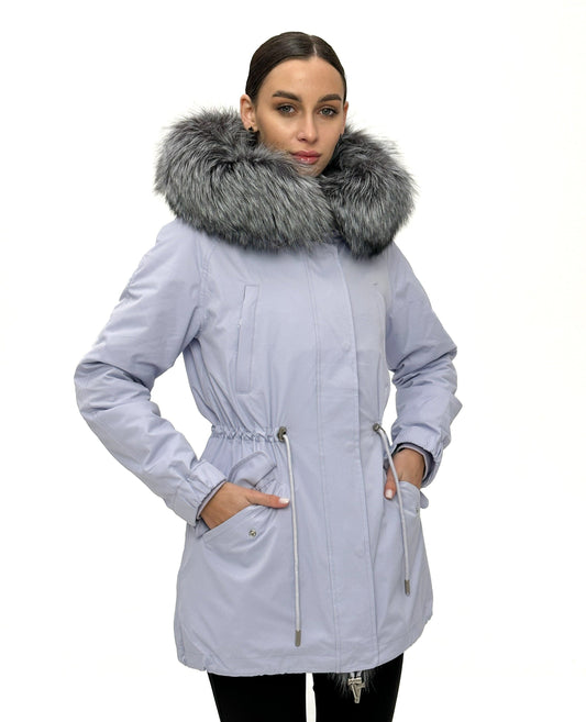 Parka isolée en fourrure de lapin et fourrure de renard argenté véritable