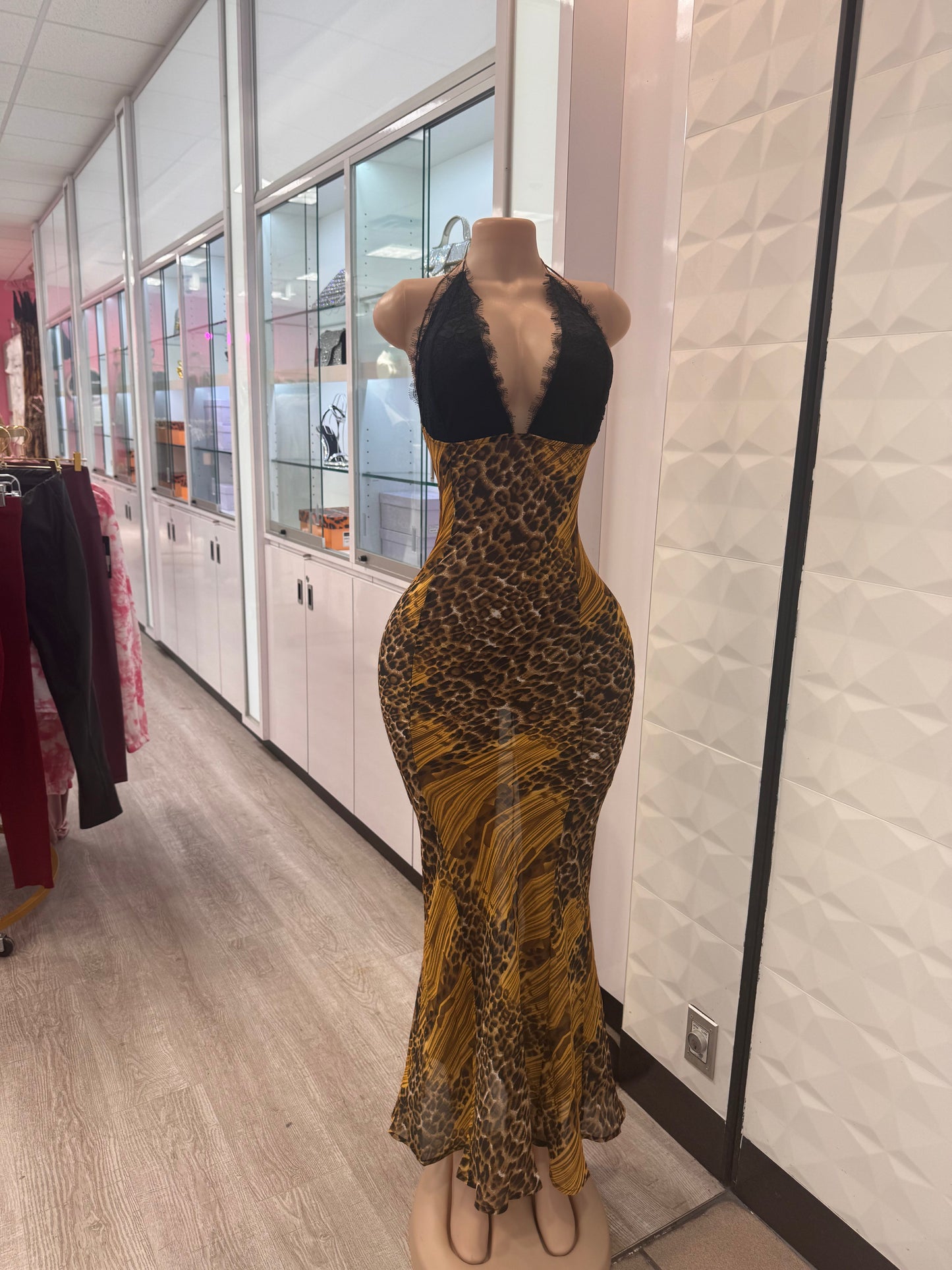 Maci Leopard Sheer Maxi Halter Dress