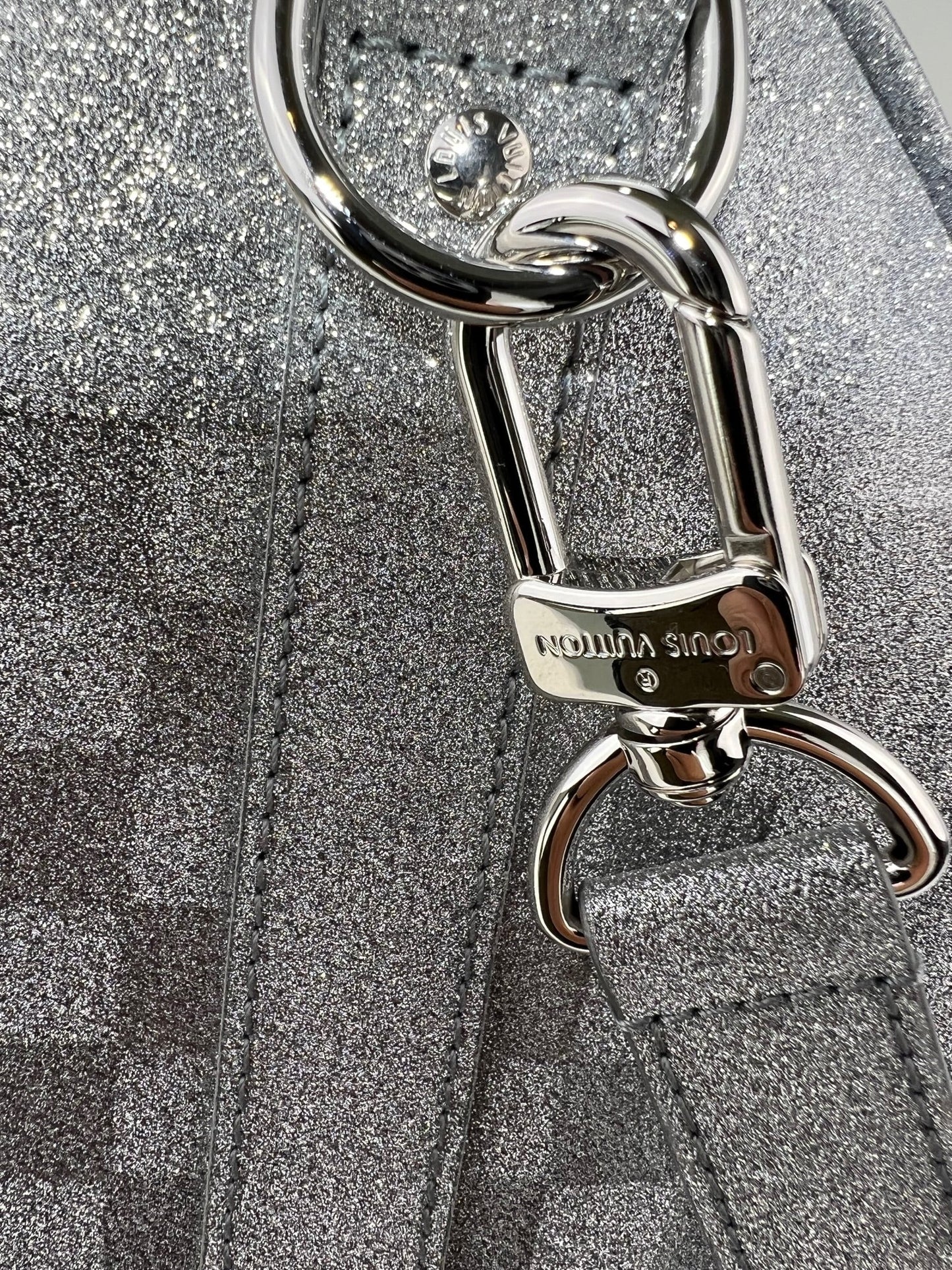 Louis Vuitton Keepall Bandoulière 50B Silver Glitter Damier Pattern Duffle Bag Preowned