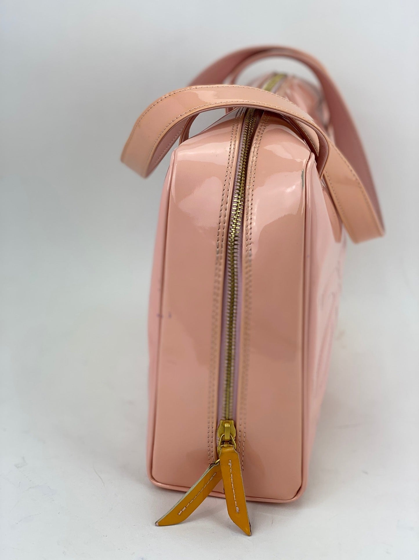 Chanel Triple CC Logo Medium Pink Patent Leather Tote Shoulder Bag Pre owned