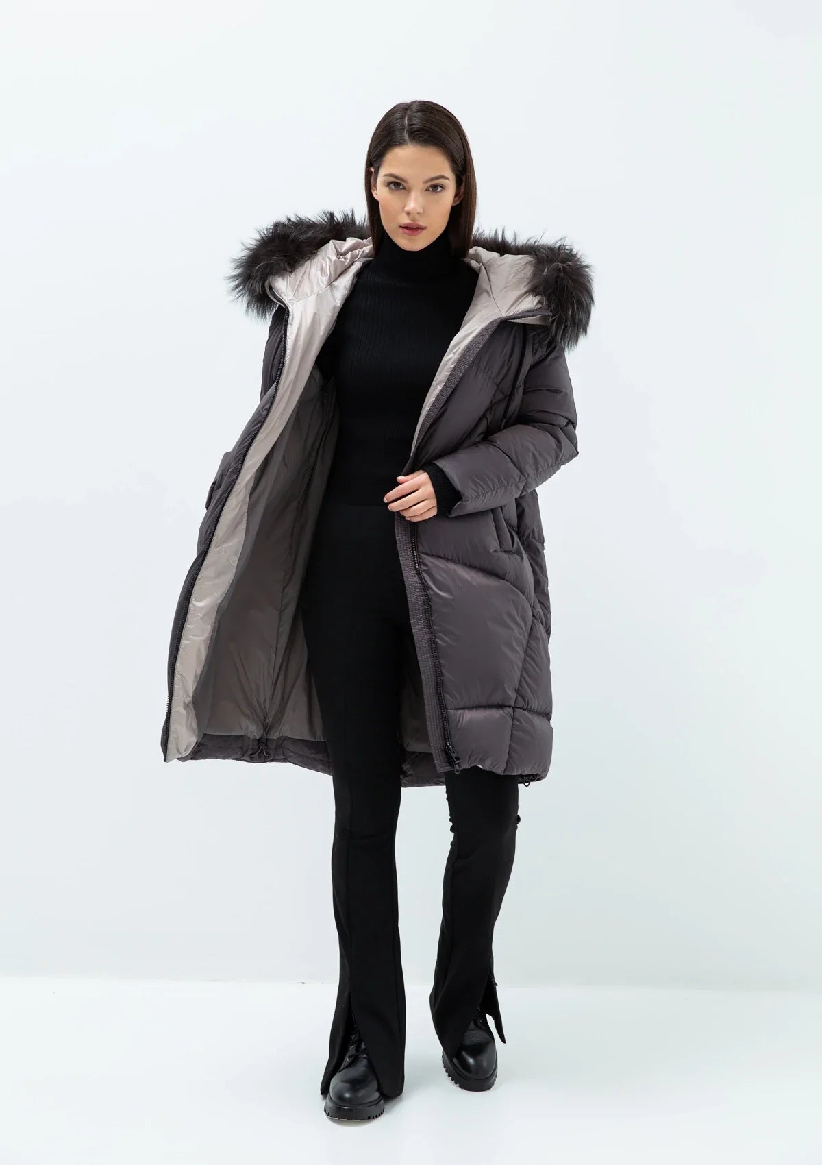 Manteau Gisèle Premium en duvet et fourrure de renard véritable 