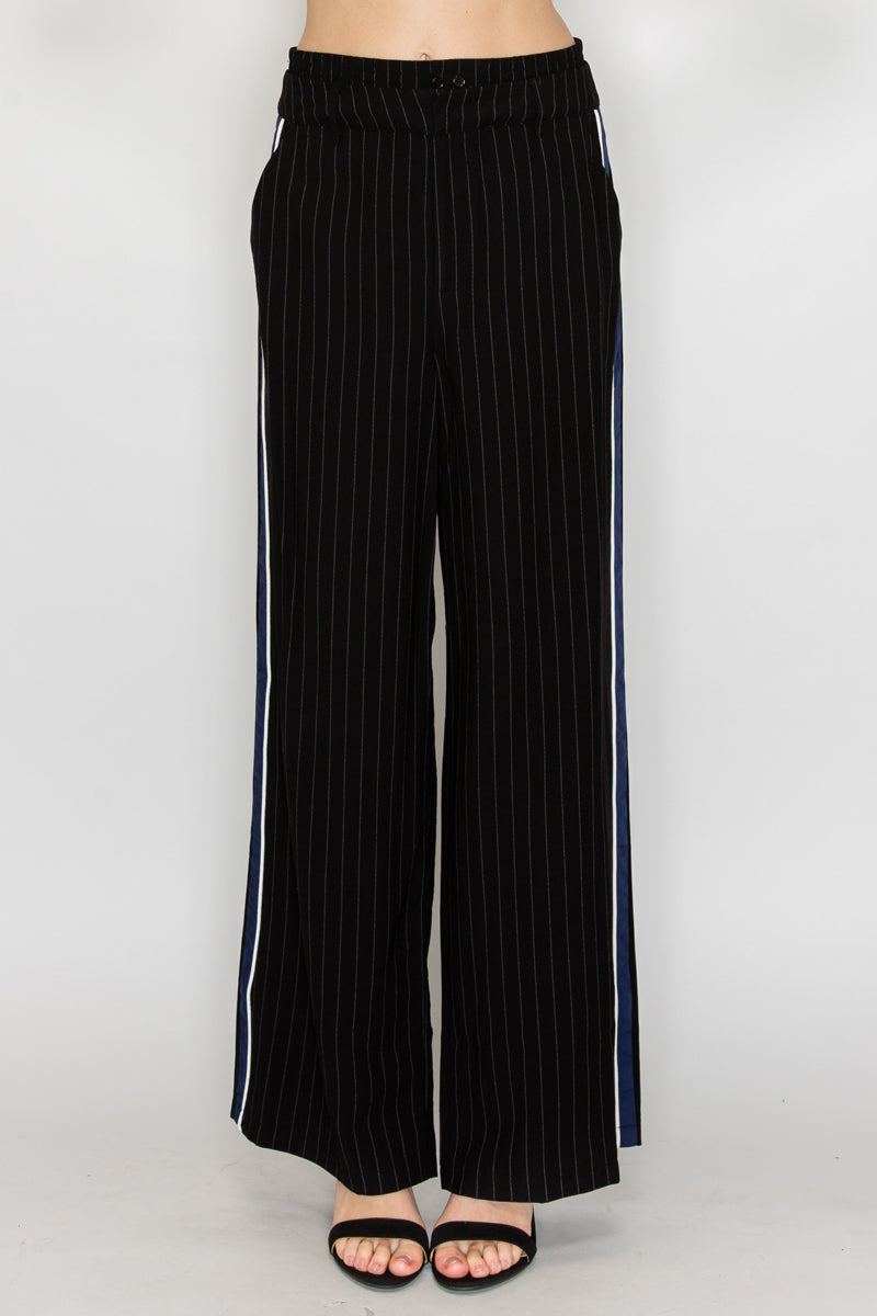 Luxurious Wide-Leg Striped Pants with Contrast Trim and Relaxed Double-Waistband Design