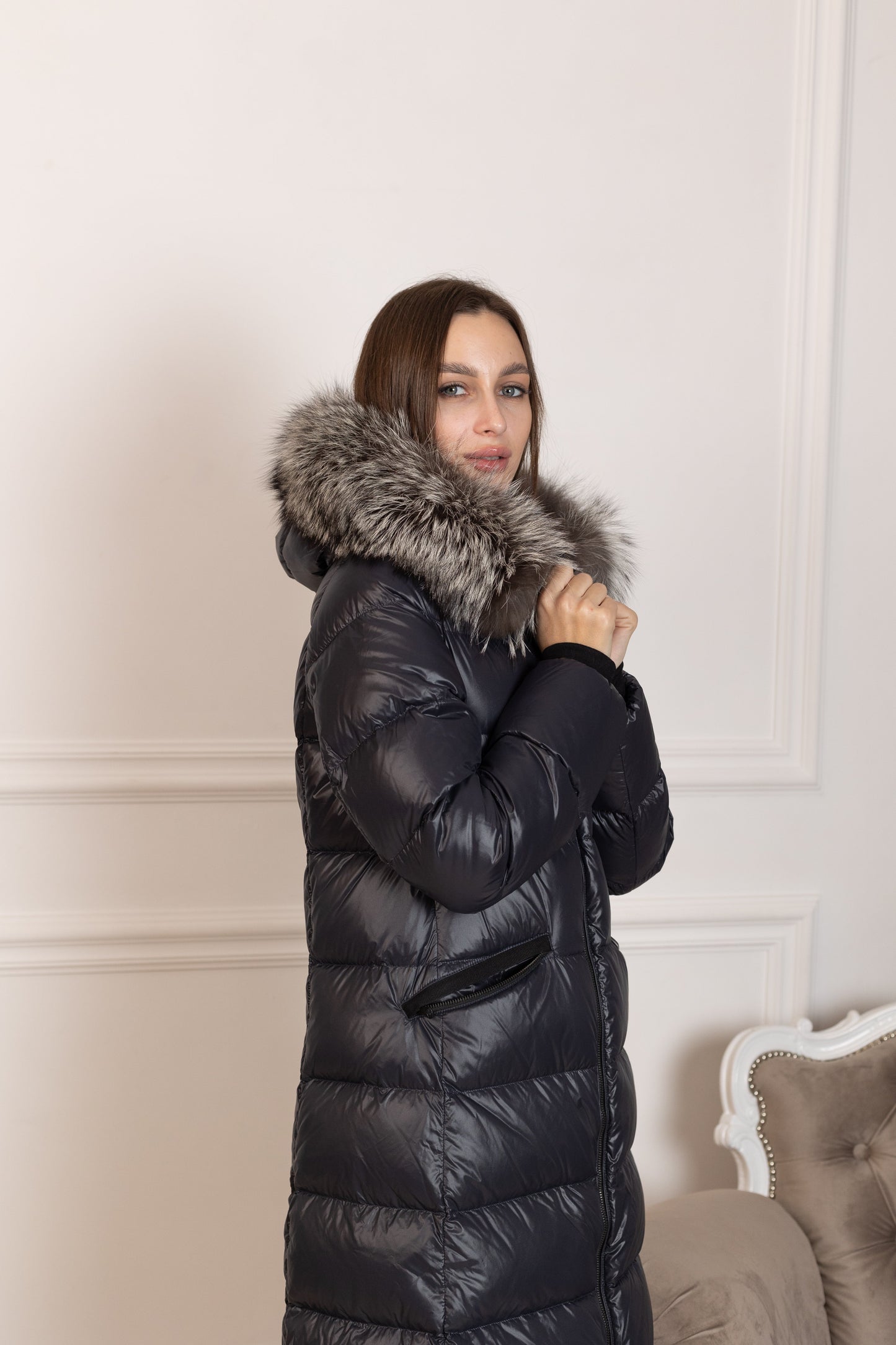 Genuine Silver Fox Fur Trim Down Fill Coat