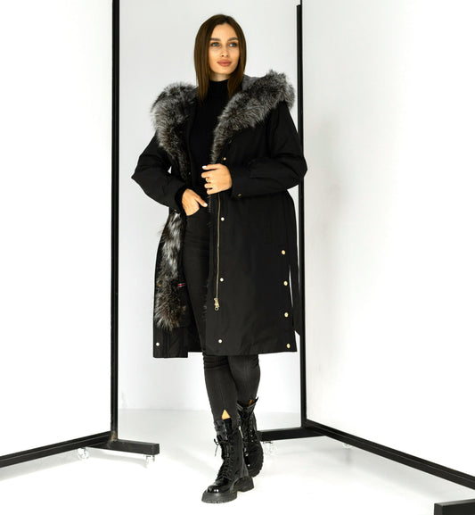 Parka isolée en fourrure de lapin et fourrure de renard argenté véritable