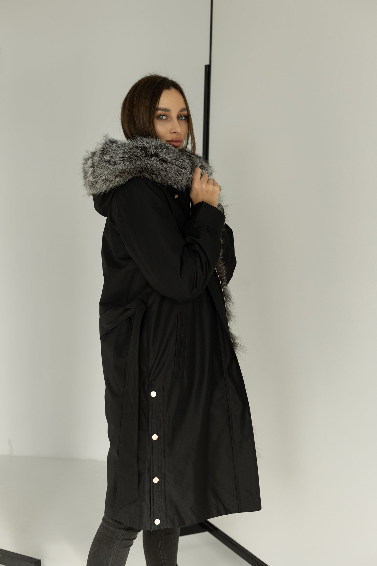 Parka isolée en fourrure de lapin et fourrure de renard argenté véritable