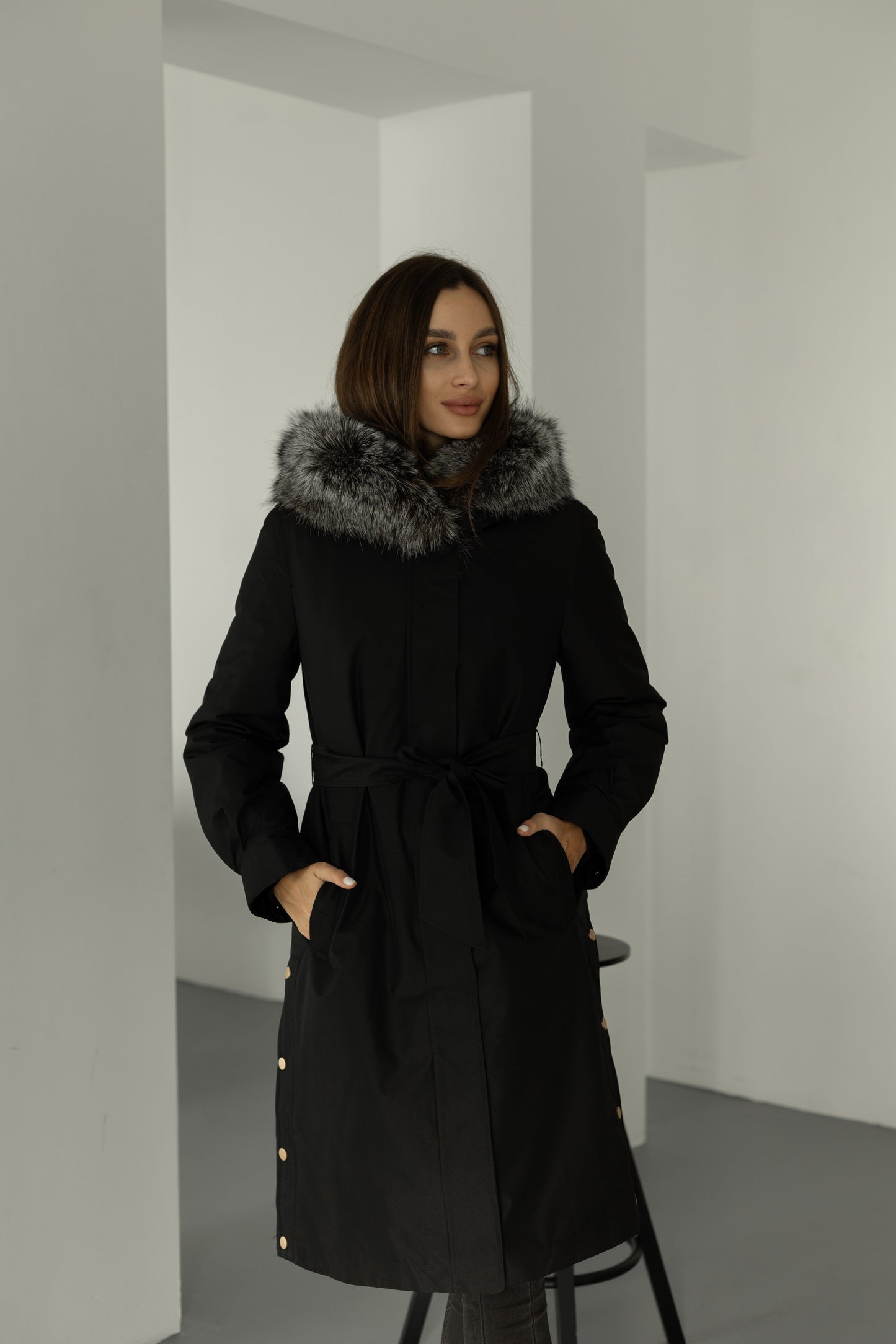 Parka isolée en fourrure de lapin et fourrure de renard argenté véritable