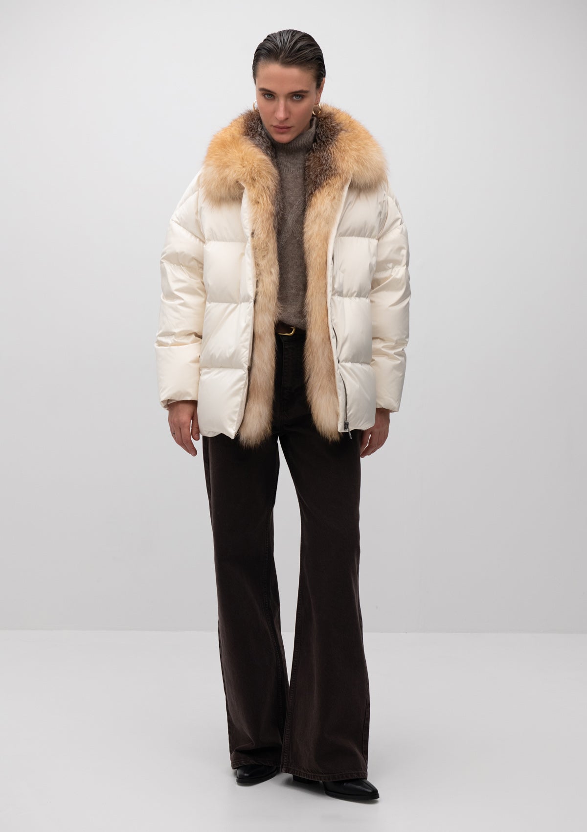 Manteau Macaire en duvet et fourrure de renard argenté véritable