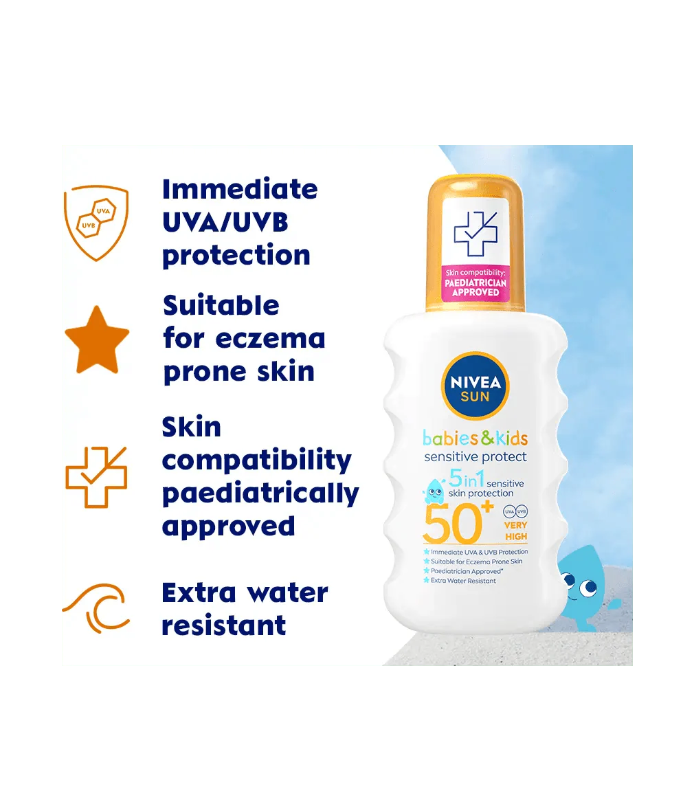 Nivea Sun Kids Sensitive Protect SPF 50+ Sun Lotion Spray 200ml / 6.8 fl.oz - 3 Pack