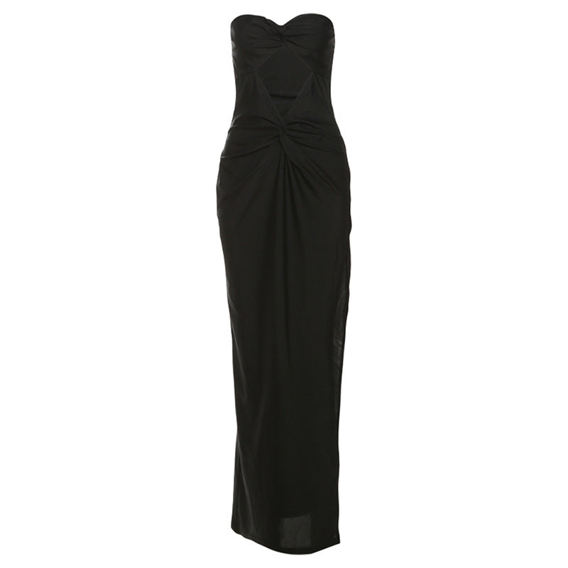 Women Clothing Spring Summer Solid Color Sexy Backless Tube Top Hollow Out Cutout Slim Sheath Dress