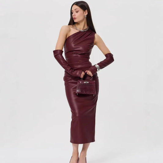 Crossbody Leather Dress Women Clothing Tight Wrapped Chest Pleated Sexy Sheath Split Dress