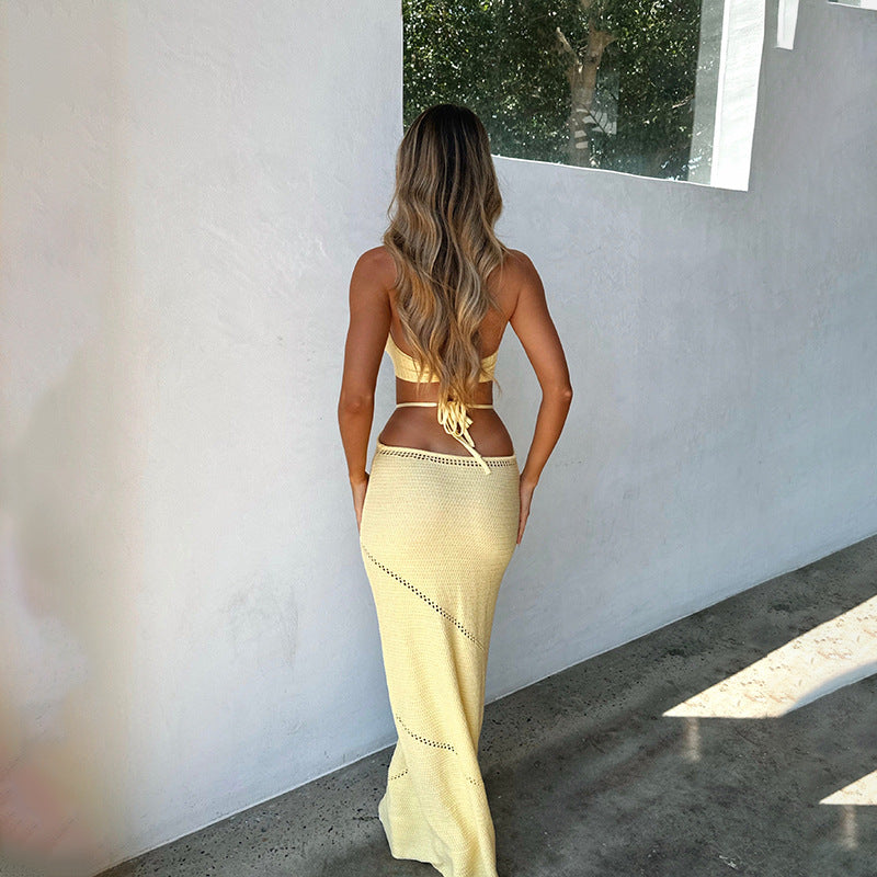 Autumn Winter Beach Dress Women Solid Color Sexy Knitted Hollow Out Cutout Beach Bikini Swimsuit Blouse Sun Protective Clothing