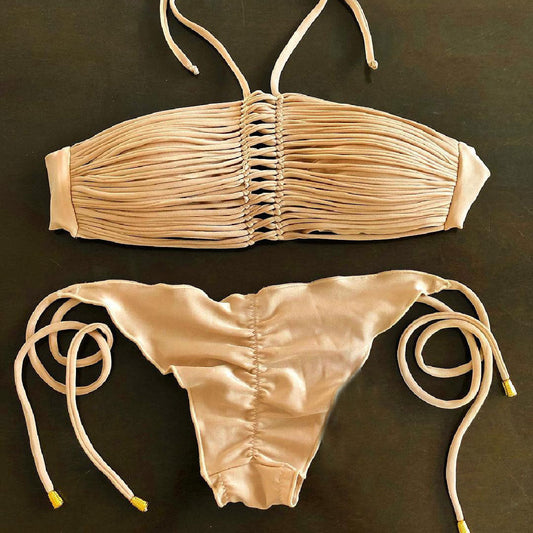 Solid Color Tube Top Strap Pleating Bikini Sexy Split Swimsuit Women